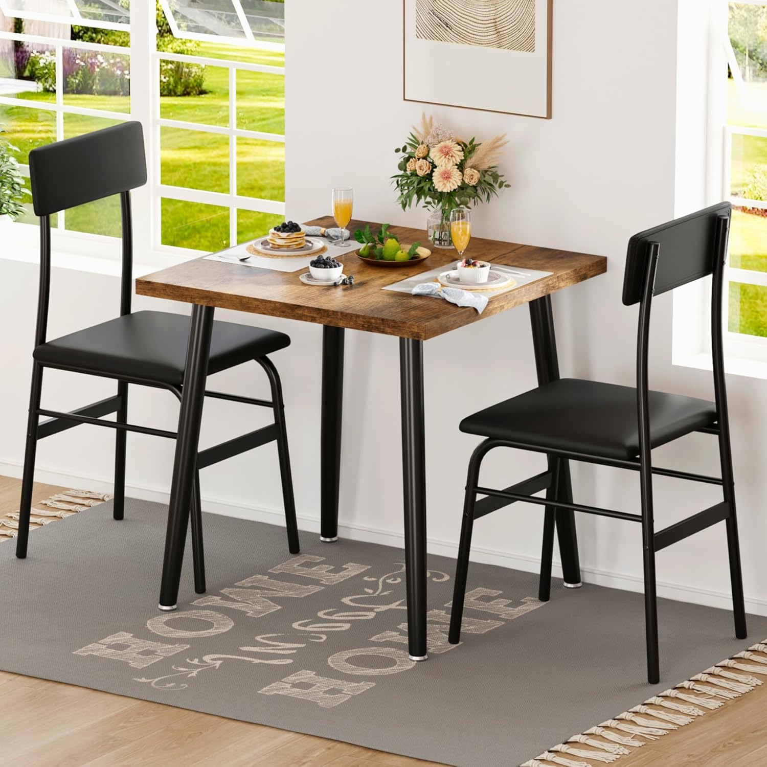 IDEALHOUSE Small Dining Table Set for 2, 3 Piece Kitchen Table Set with 2 Upholstered Chairs, Breakfast Table for Samll Space, Dining Room, Apartment, Restaurant, Rustic Brown