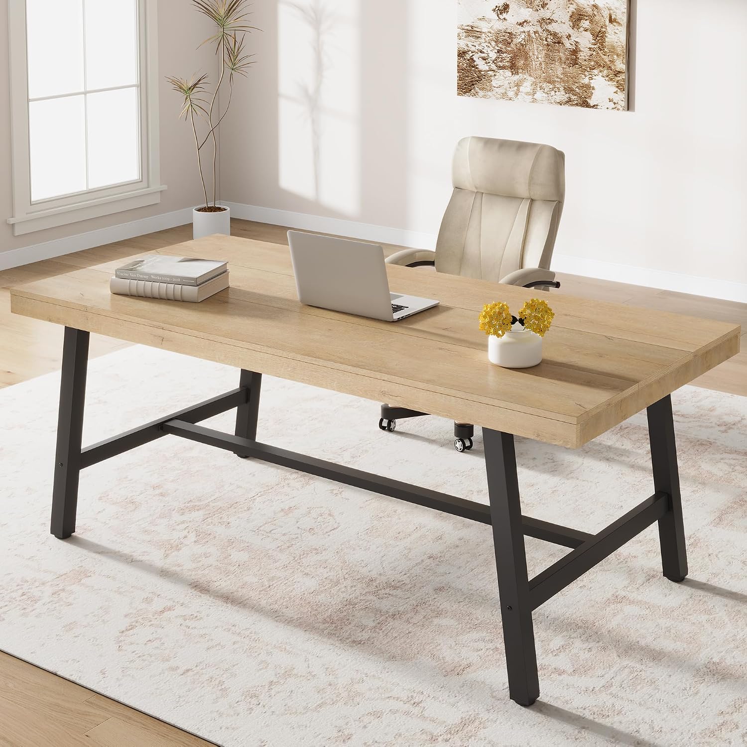 70' Large Dining Table for 6-8 People, Rustic Industrial Farmhouse Kitchen Table, Rectangle Wooden Dining Room Table with Heavy-Duty Metal Frame, Stable & Waterproof for Home, Kitchen, Dining Room