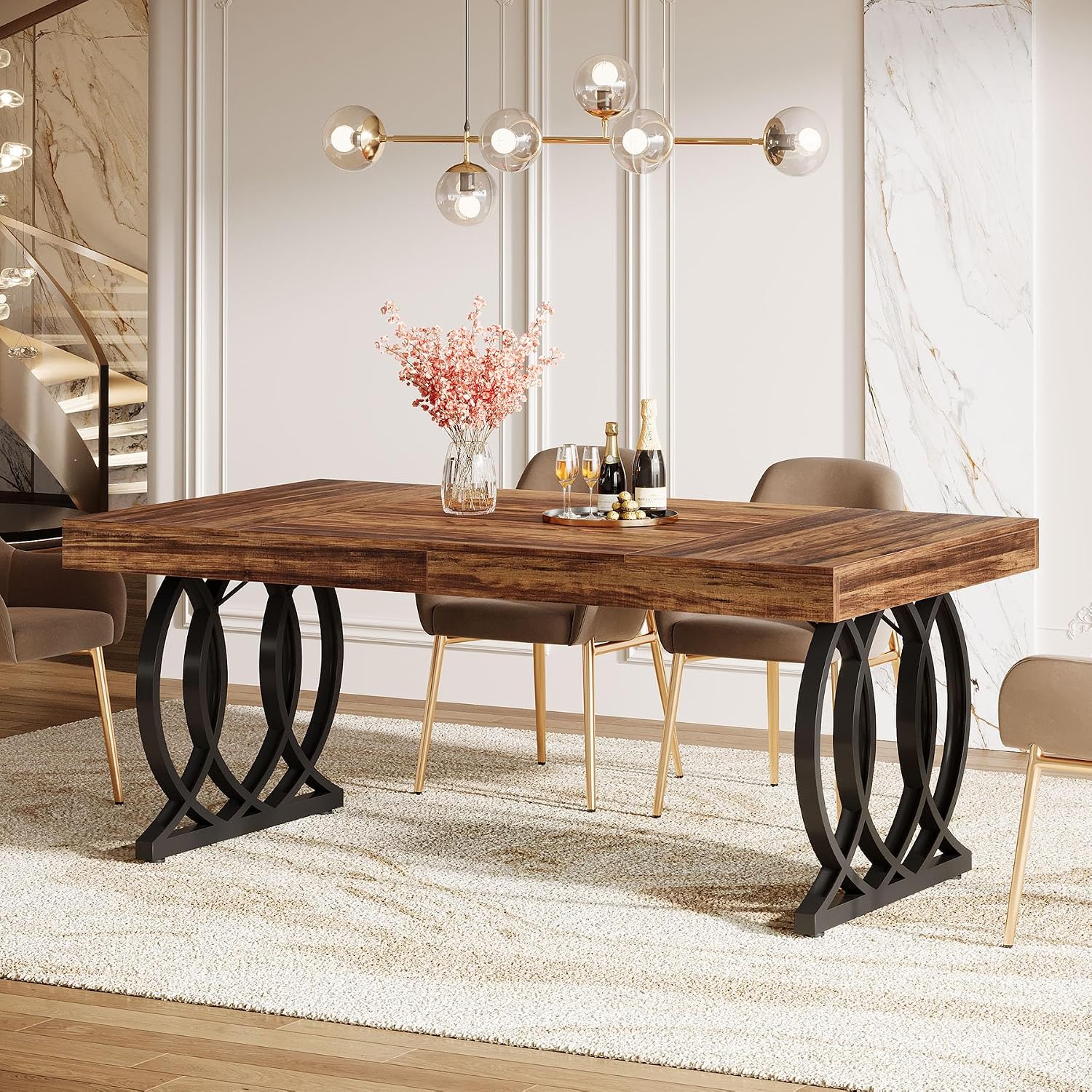 Tribesigns 63-Inch Dining Table for 4-6, Modern Kitchen Table with Faux Marble Tabletop and Geometric Legs, Rectangle Dining Room Furniture for Living Room, Kitchen, Rustic Brown and Black