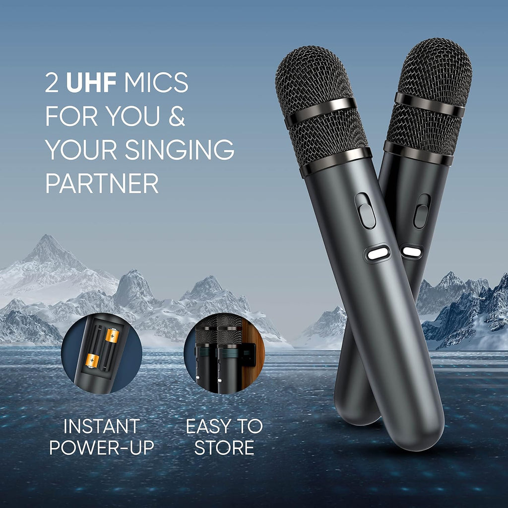 MASINGO 4-in-1 Portable Karaoke Machine with Smart 1080p Projector w/WiFi, Speaker & 2 Wireless Microphones. Built-in Android System for Lyrics Display Apps, Netflix, YouTube.
