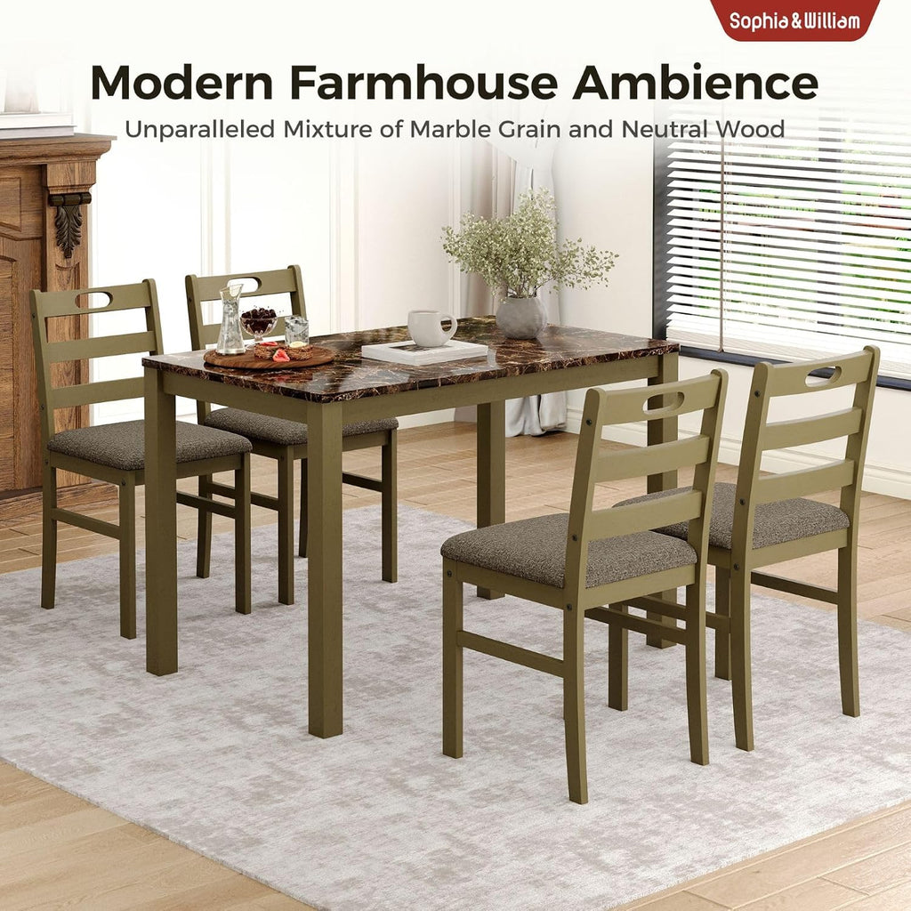 Sophia & William 5 Piece Dining Table Set for 4, Faux Marble Kitchen Table and Chairs Set, Solid Wood Farmhouse Dinner Table Set,Emperador Dark Marble & Olive