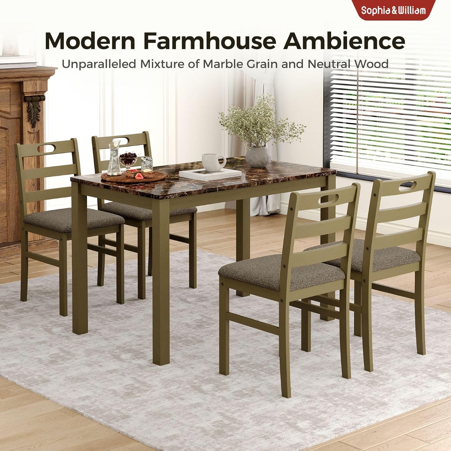Sophia & William 5 Piece Dining Table Set for 4, Faux Marble Kitchen Table and Chairs Set, Solid Wood Farmhouse Dinner Table Set,Emperador Dark Marble & Olive