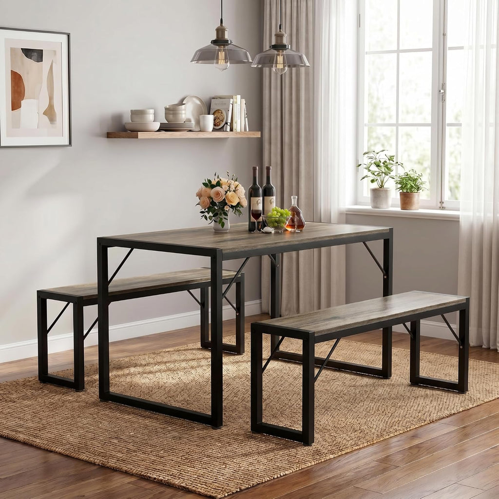 Bealife Dining Table Set for 4 with Metal Frame and MDF Board, Space Saving Kitchen Table with 2 Benches, Kitchen Table Set for Apartment, Dining Room, Breakfast Nook, Grey