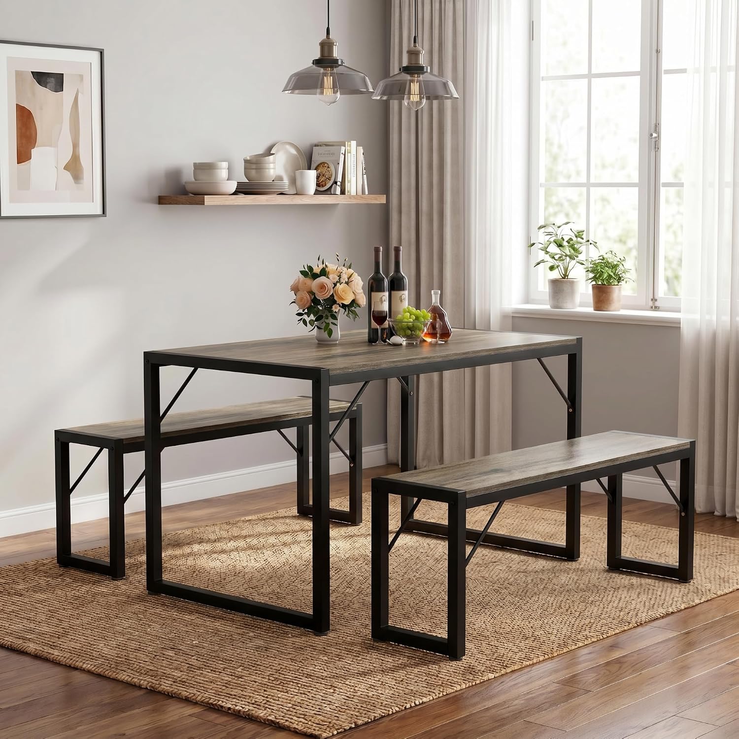 Bealife Dining Table Set for 4 with Metal Frame and MDF Board, Space Saving Kitchen Table with 2 Benches, Kitchen Table Set for Apartment, Dining Room, Breakfast Nook, Grey
