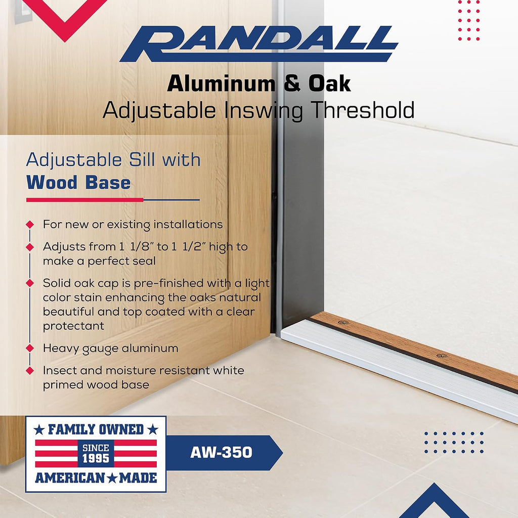 Randall Manufacturing Co., Inc Oak & Aluminum Adjustable Threshold 3 5/8' Wide Adjustable from 1 1/8' to 1 1/2' High (72' Long Silver)