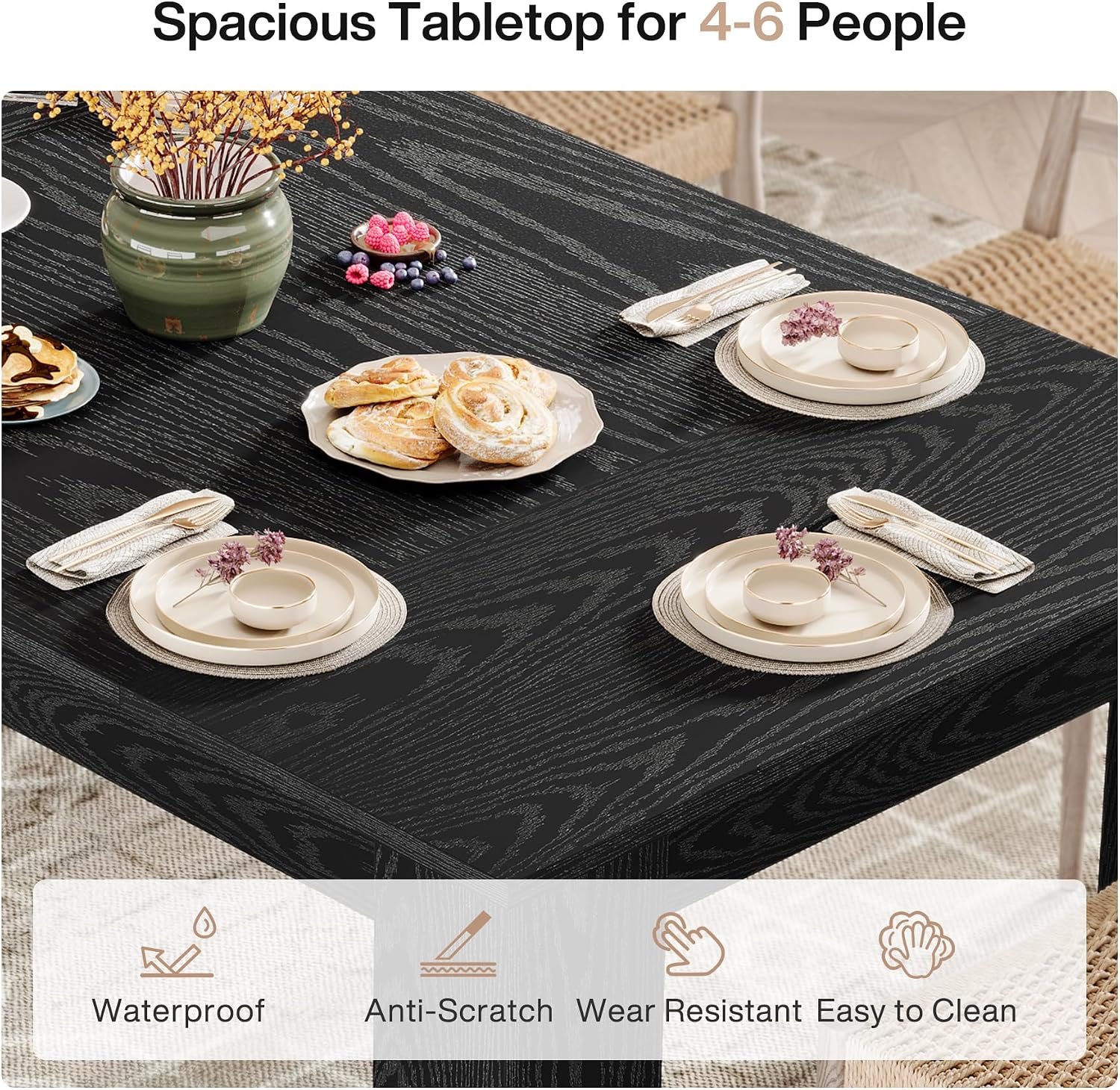Tribesigns 63-Inch Dining Table for 4 to 6, Rectangular Kitchen Dinner Table, Black Wooden Eating Table for Home Kitchen, Dining Room