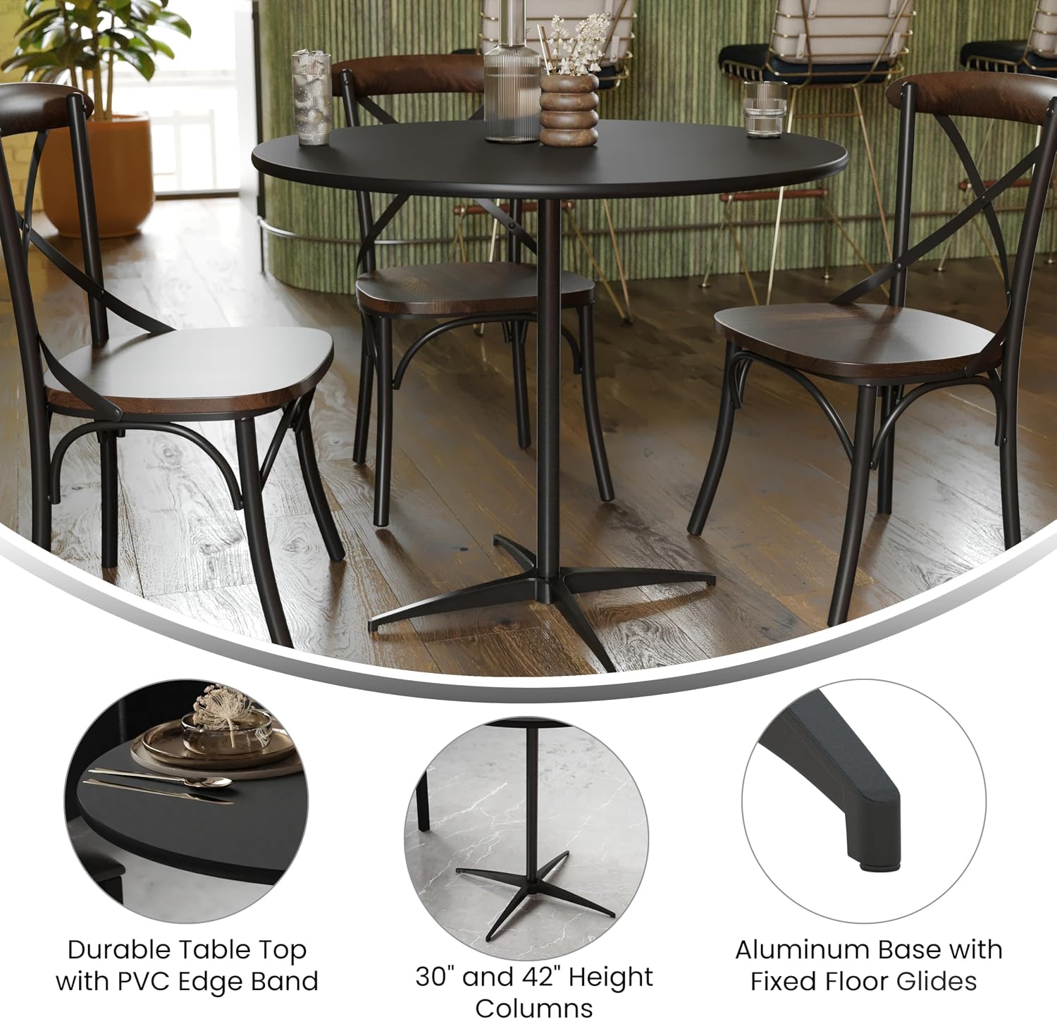 Flash Furniture Lars Black 36'' Round Wood Cocktail Table with 30'' and 42'' Columns