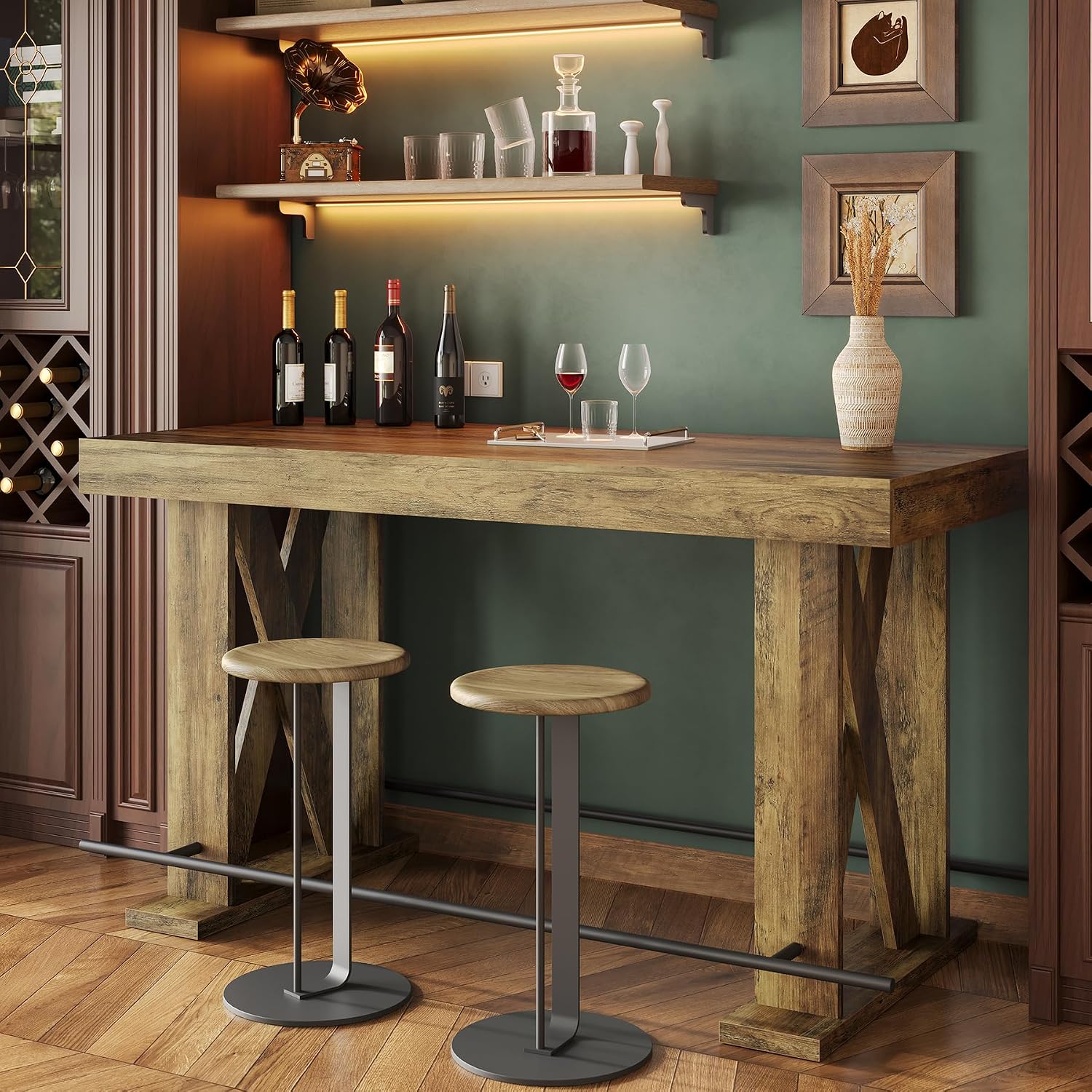 LITTLE TREE 63-Inch Industrial Bar Table with Metal Footrest, Kitchen Pub Table with Sturdy and Heavy Duty X-Base, for Dining Room, Living Room, Home Bar (Mocha, 1)