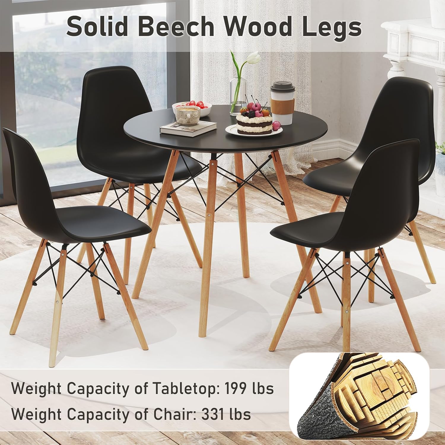 Tangkula Round Dining Table Set for 4, Modern Circle Kitchen Table & 4 Chairs with Ergonomic Seats and Solid Wood Legs, 5-Piece Dining Room Set for Small Spaces, Kitchen, Living Room