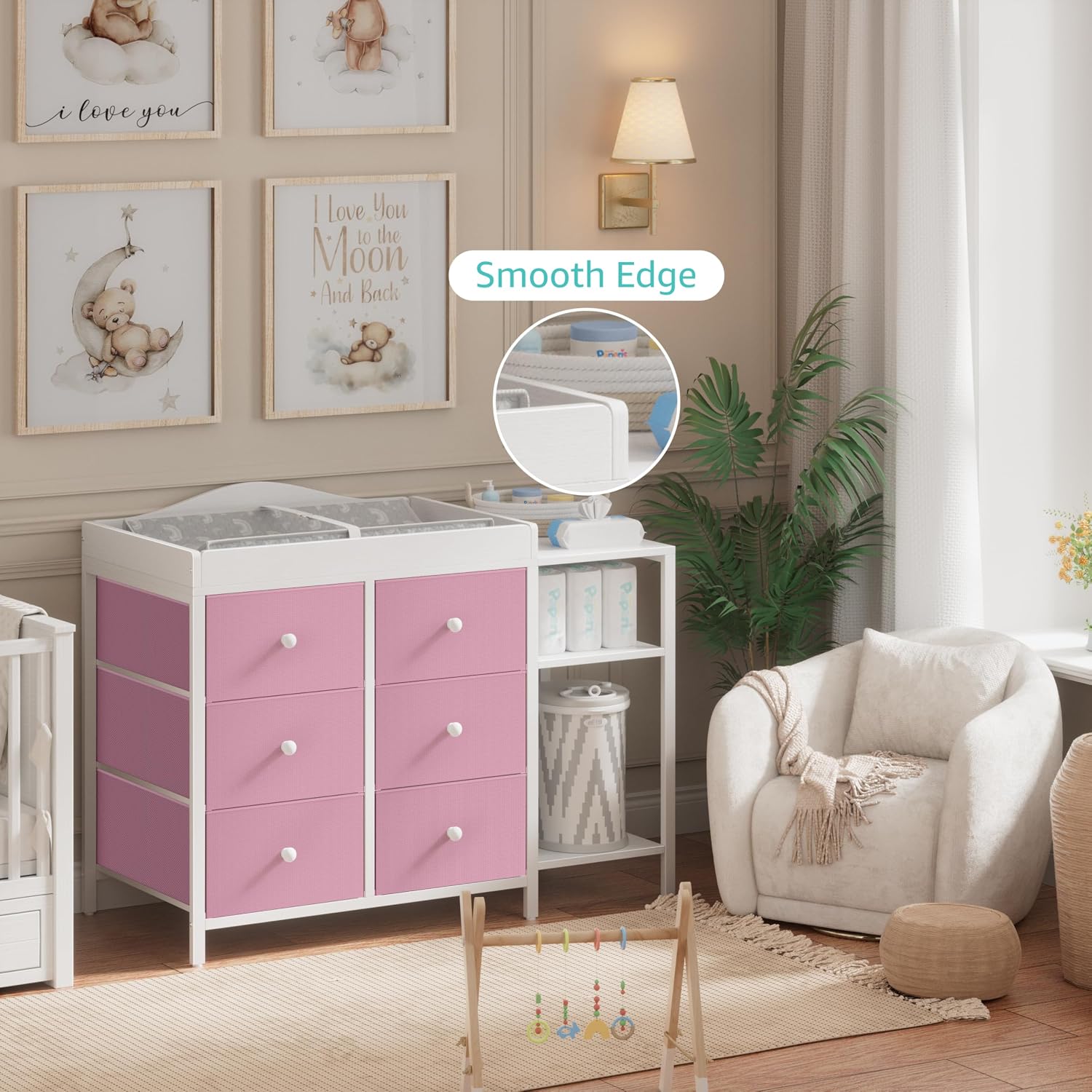 BOLUO Baby Dresser with Changing Table Top, Changing Table Dresser with 6 Fabric Drawers Diaper Changing Station with Storage Shelf for Nursery Modern