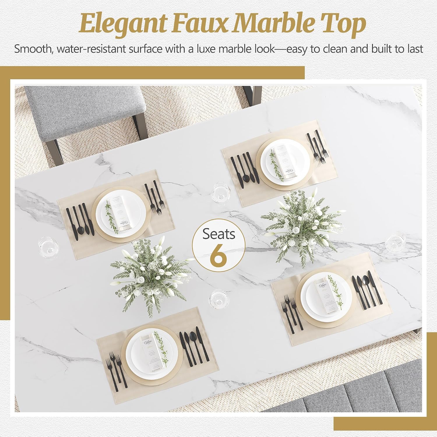 6-Piece Dining Room Set for 6, Faux Marble 51.18'' Dining Room Table with Linen Chairs & Bench, Sturdy Modern Kitchen Table and Chairs Set for Small Spaces
