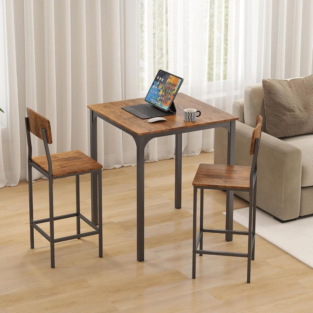 HOMCOM 3 Piece Industrial Counter Height Dining Table Set, Bar Table & Chairs with Steel Legs & Footrests, Black