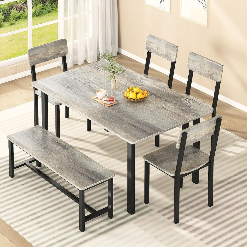 AWQM 6-Piece Dining Set, Modern Dining Table Set for 4-6,Kitchen Table Set with Chairs and Bench,Dining Room Table Set with Metal Frame & MDF Board, Table & Chairs Set for Small Space,Apartment,Grey