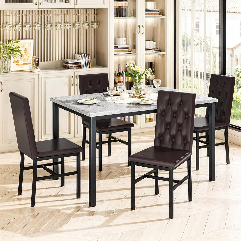 Hooseng Dining Table Set for 4, Faux Marble Small Kitchen Table Chairs Set of 4 with Luxurious Button Tufted Dinner Chairs for Kitchen and Dining(Brown)