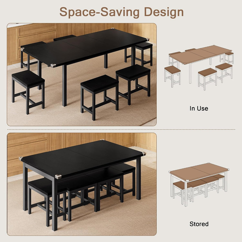 Einhomn 7-Piece Dining Table Set, 63' Extendable Kitchen Room Table with 6 Stools, Mid Century Modern Dinner Table with Metal Frame & MDF Board, Space-Saving, Easy Assembly, Black