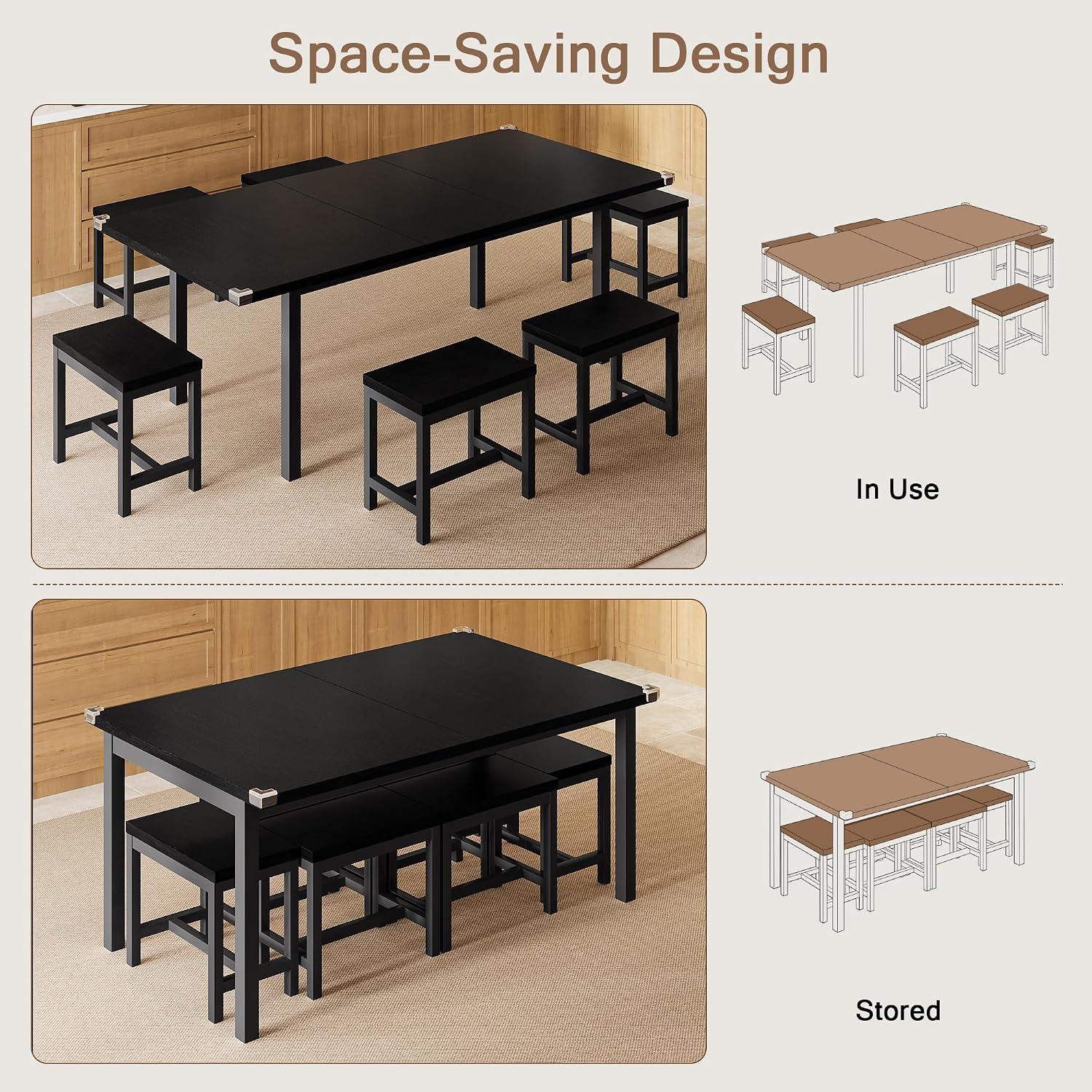 Einhomn 7-Piece Dining Table Set, 63' Extendable Kitchen Room Table with 6 Stools, Mid Century Modern Dinner Table with Metal Frame & MDF Board, Space-Saving, Easy Assembly, Black