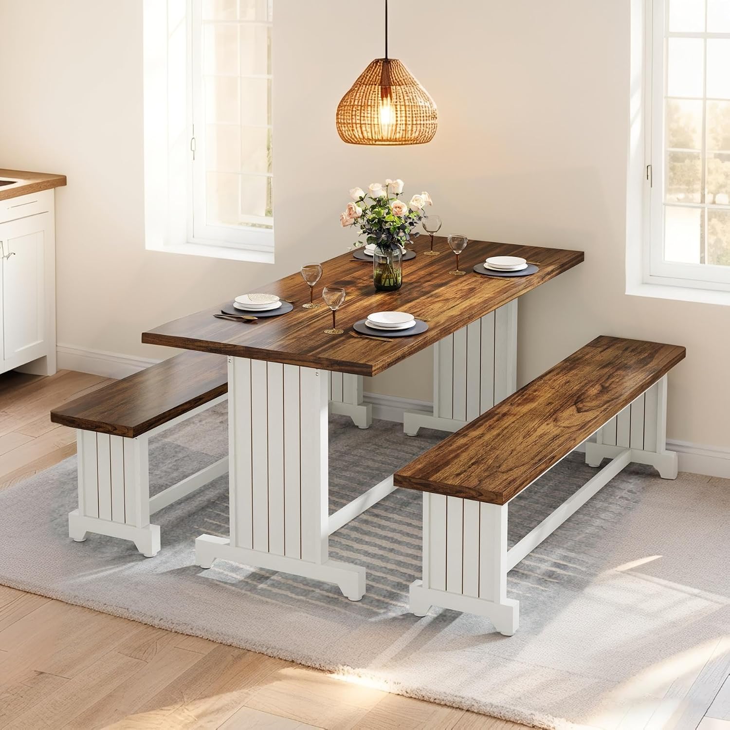 Tribesigns 47-Inch Small Dining Table Set for 2, 3-Piece Kitchen Table with 2 Benches, Farmhouse Wood Dinner Furniture for Narrow Space, Apartment, White & Rustic Brown
