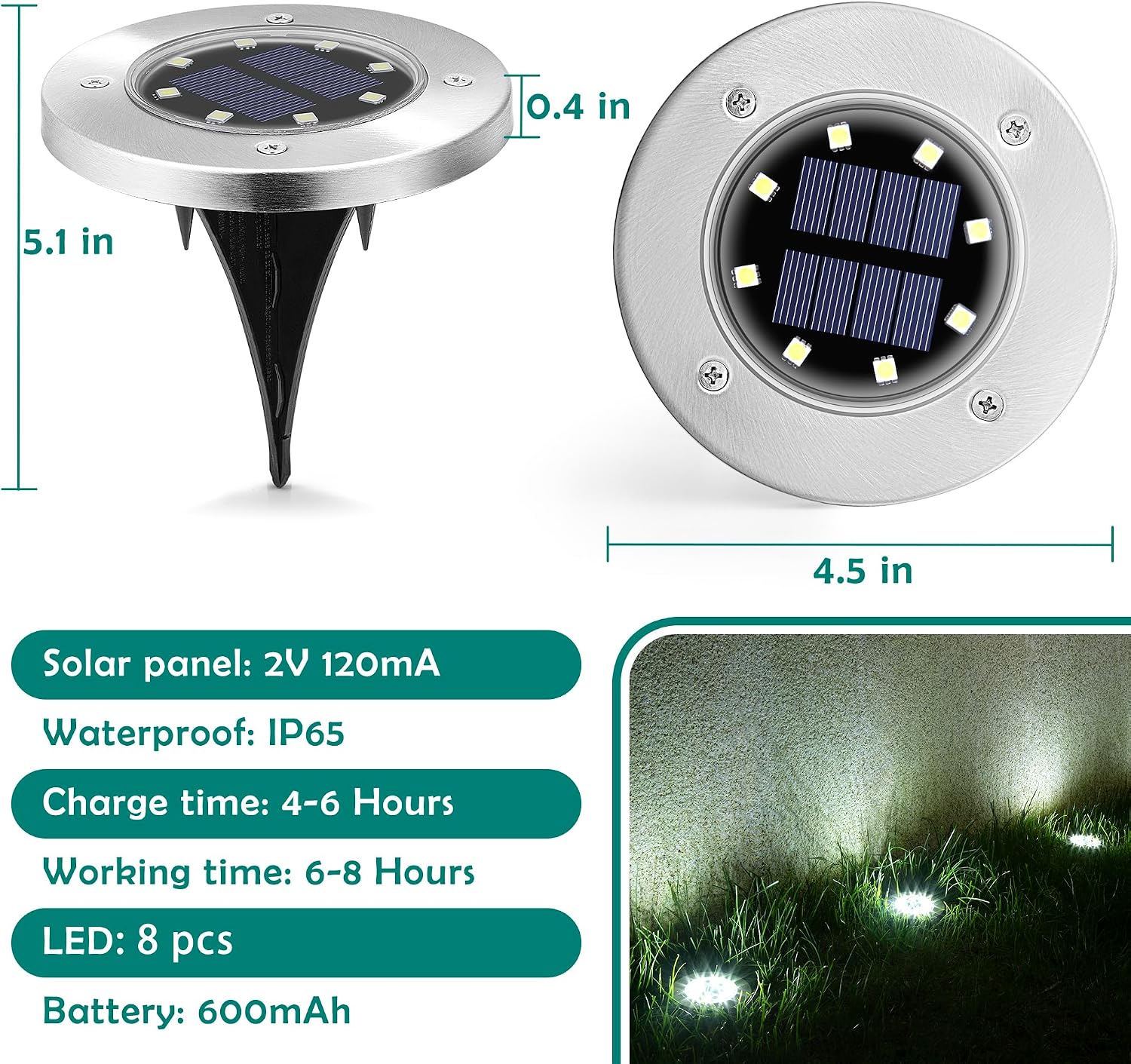 PATIOWIN 20 Pack Solar Ground Lights, 8 LED Solar Powered Disk Lights Waterproof Garden Landscape Lighting for Yard Patio Driveway Pathway Walkway (Cool White)