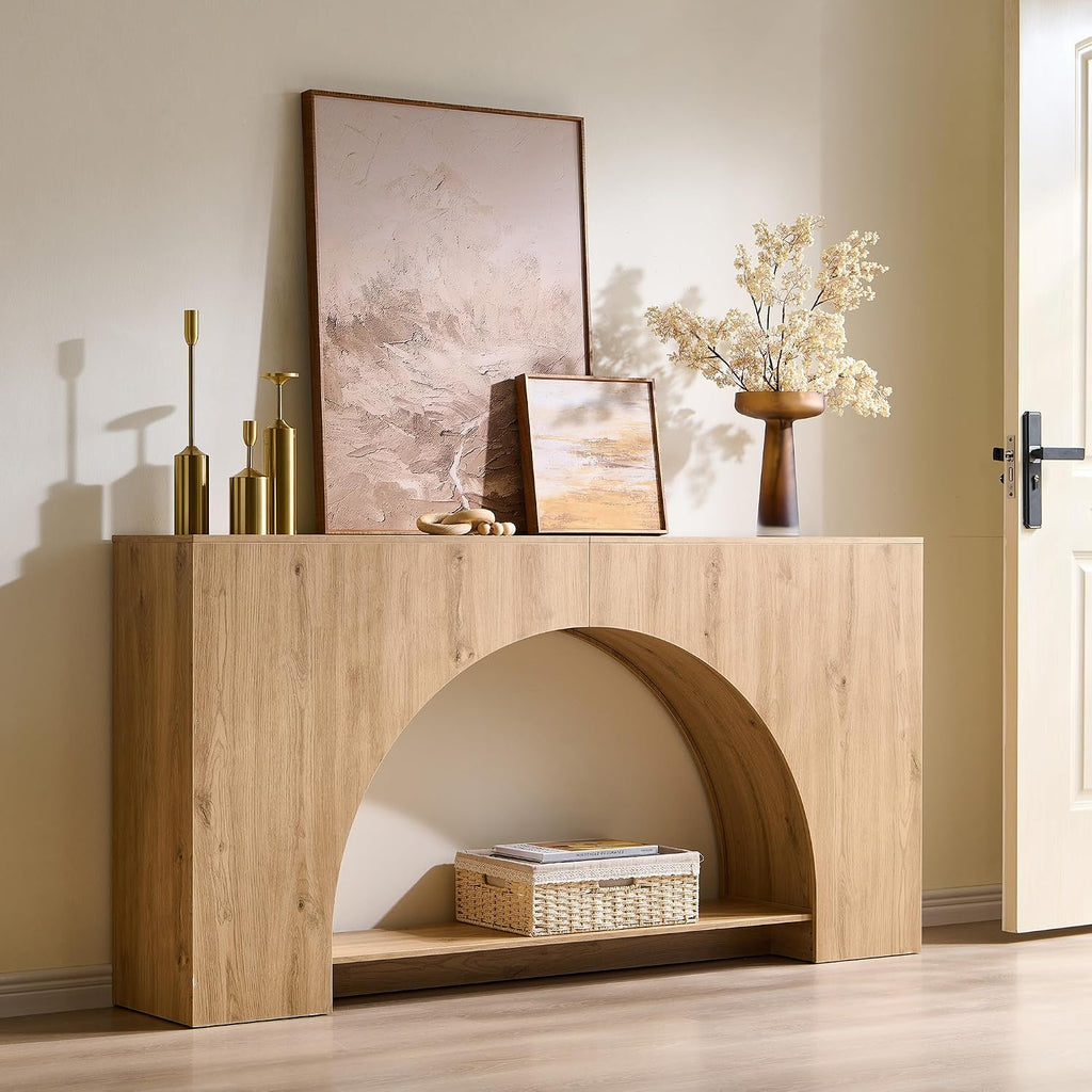 IFGET 63' Arched Console Table, 2-Tier Modern Entryway Table with Arched Base, Narrow Long Wood Sofa Table Behind Couch Table for Living Room, Hallway, Foyer, Natural