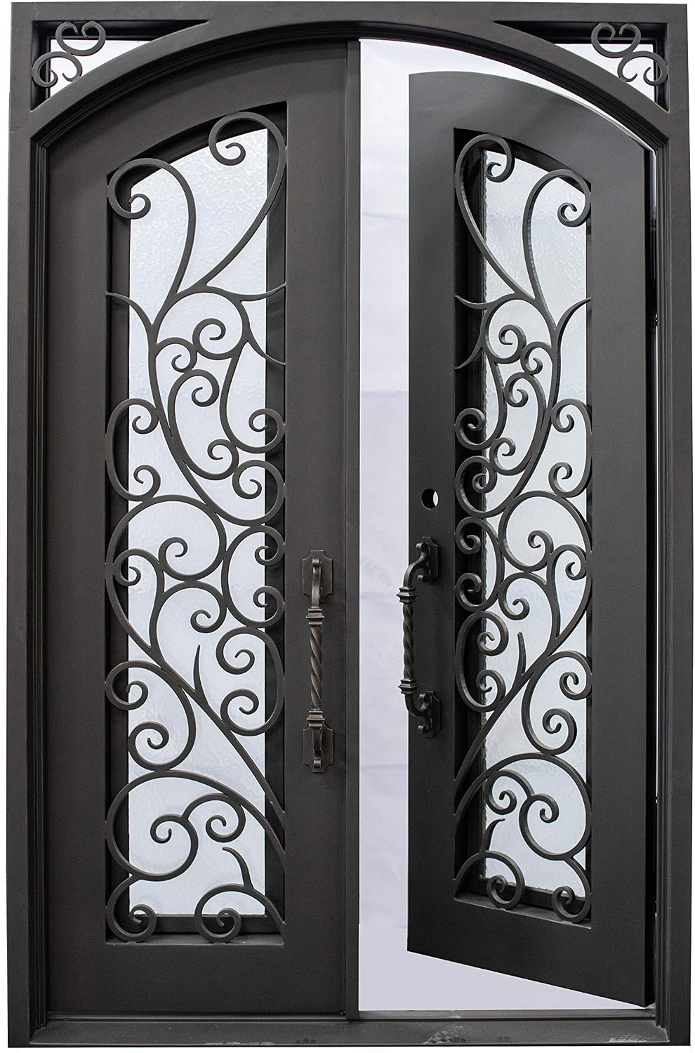 Carthage Exterior Pre-Hung Double Front Entry Door Wrought Iron with Operable Tempered Aqua Lite Glass Inside Swing Dark Bronze Finish (60 By 96 Right Hinge Active)