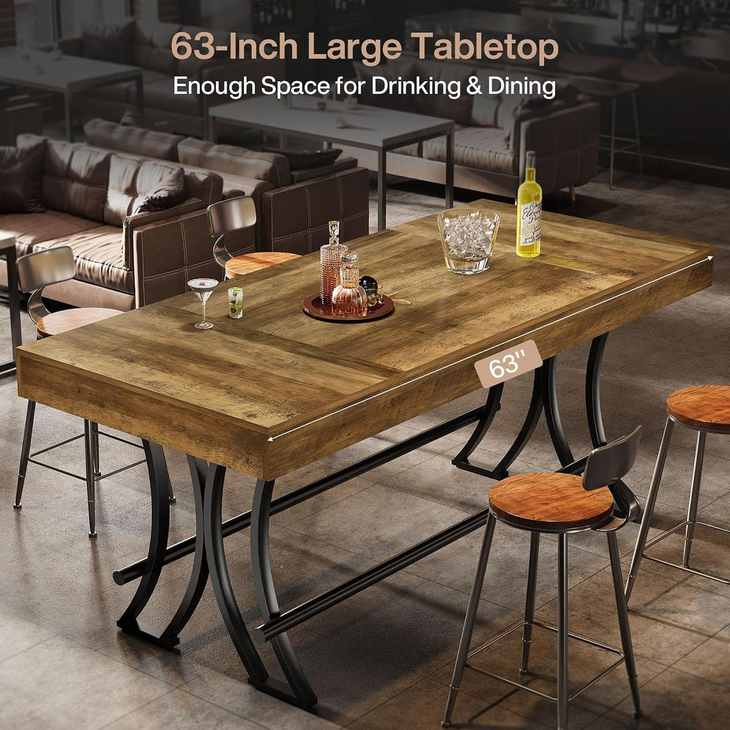Tribesigns 63' Counter Height Bar Table with Metal Footrest, Rectangular Tall Kitchen Dining Pub Table, Industrial Home Bar Unit for Entertaining, Freestanding, Dark Brown