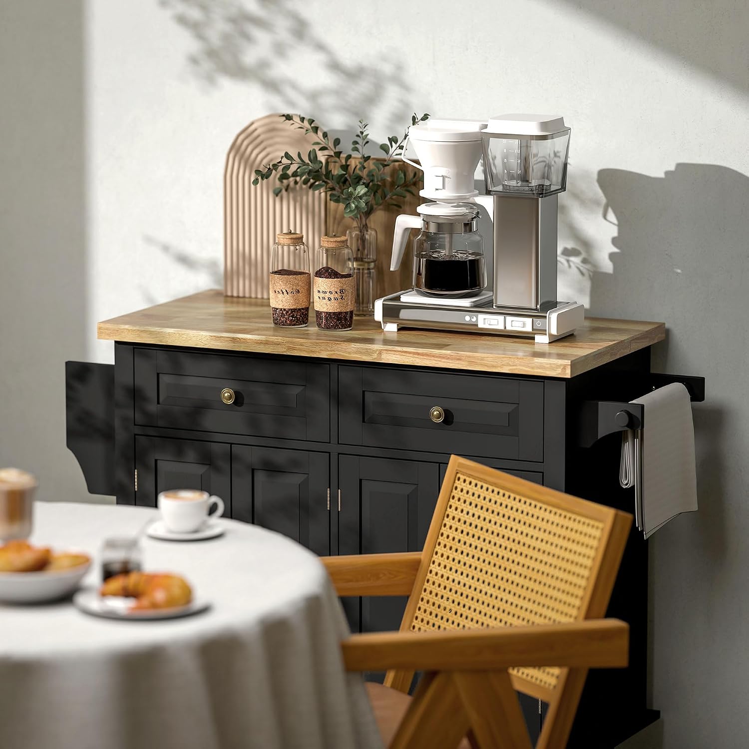 HOMCOM Kitchen Island Cart with Solid Wood Top, 44' Mobile Kitchen Island Table on Wheels with Storage Cabinets, 2 Drawers, Adjustable Shelves, Spice Rack & Towel Bar for Dining Room, Black