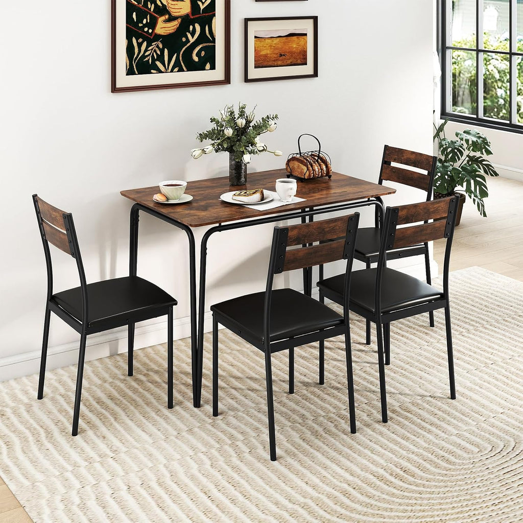 Giantex 5-Piece Dining Table Set for 4, 43-Inches Rectangular Kitchen Table & 4 Armless Chairs with Upholstered Seat, Metal Frame, Space-Saving Dinette Set for Living Room (Rustic Brown+Black)