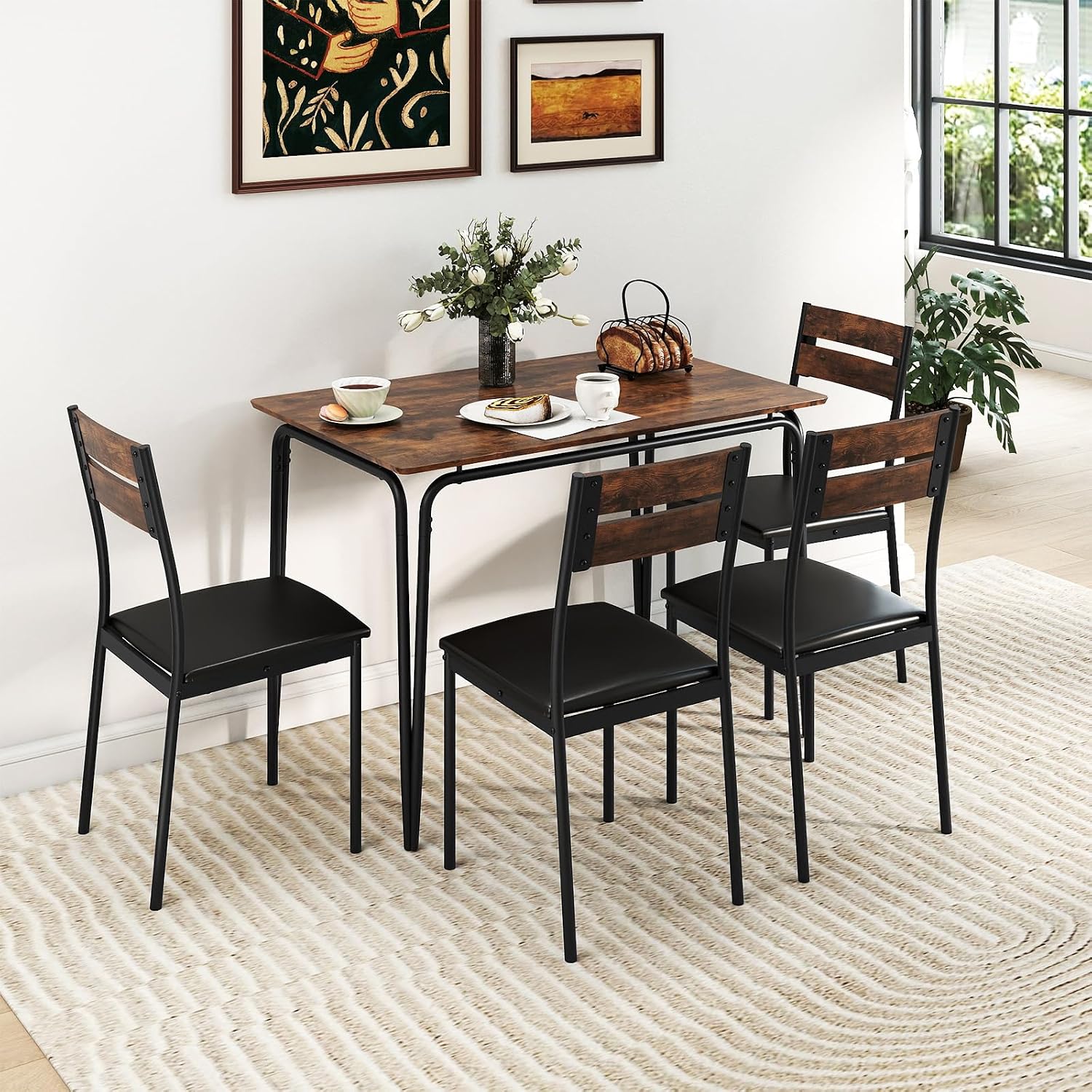 Giantex 5-Piece Dining Table Set for 4, 43-Inches Rectangular Kitchen Table & 4 Armless Chairs with Upholstered Seat, Metal Frame, Space-Saving Dinette Set for Living Room (Rustic Brown+Black)
