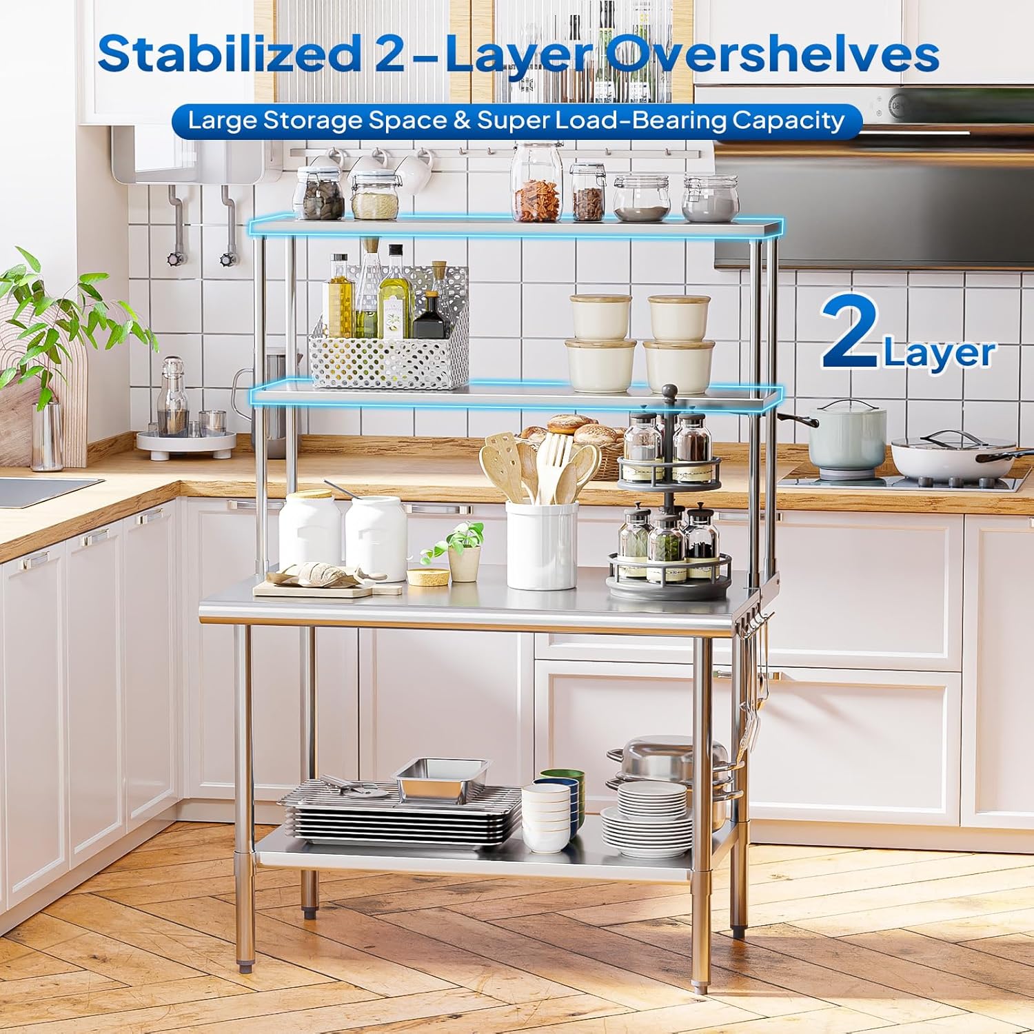ROVSUN All Stainless Steel Table with Overshelves 48' X 30', NSF Commercial Heavy Duty Pre Table with Adjustable Undershelf & Detachable Hooks for Kitchen Restaurant Hotel Garages