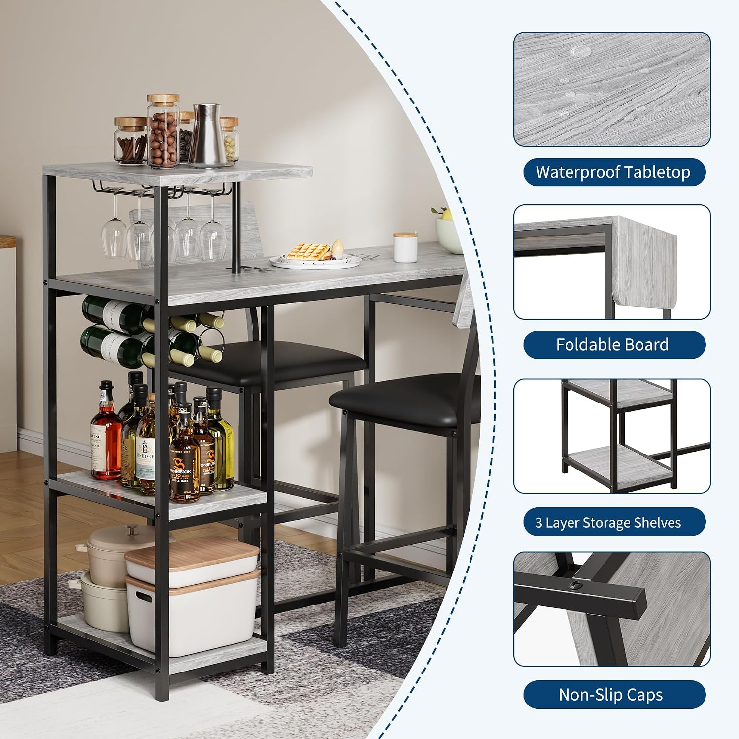 Garvee Dining Table Set for 2, 3-Piece Expandable Bar Table and Chairs Set, with Storage Shelves and Wine Rack, Small Kitchen Dining Set for Living Room, Apartment