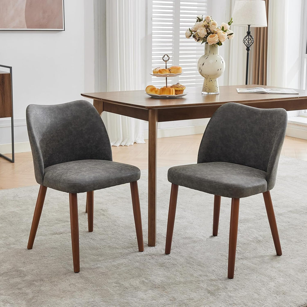 GarveeHome Wooden Dining Chair Set of 4 Upholstered Leather Dining Chair with Wood Legs, Wing Backrest, Wooden Kitchen Chairs with Thick Cushions, Leveling Feet for Dining Room, Living Room, Dark Grey