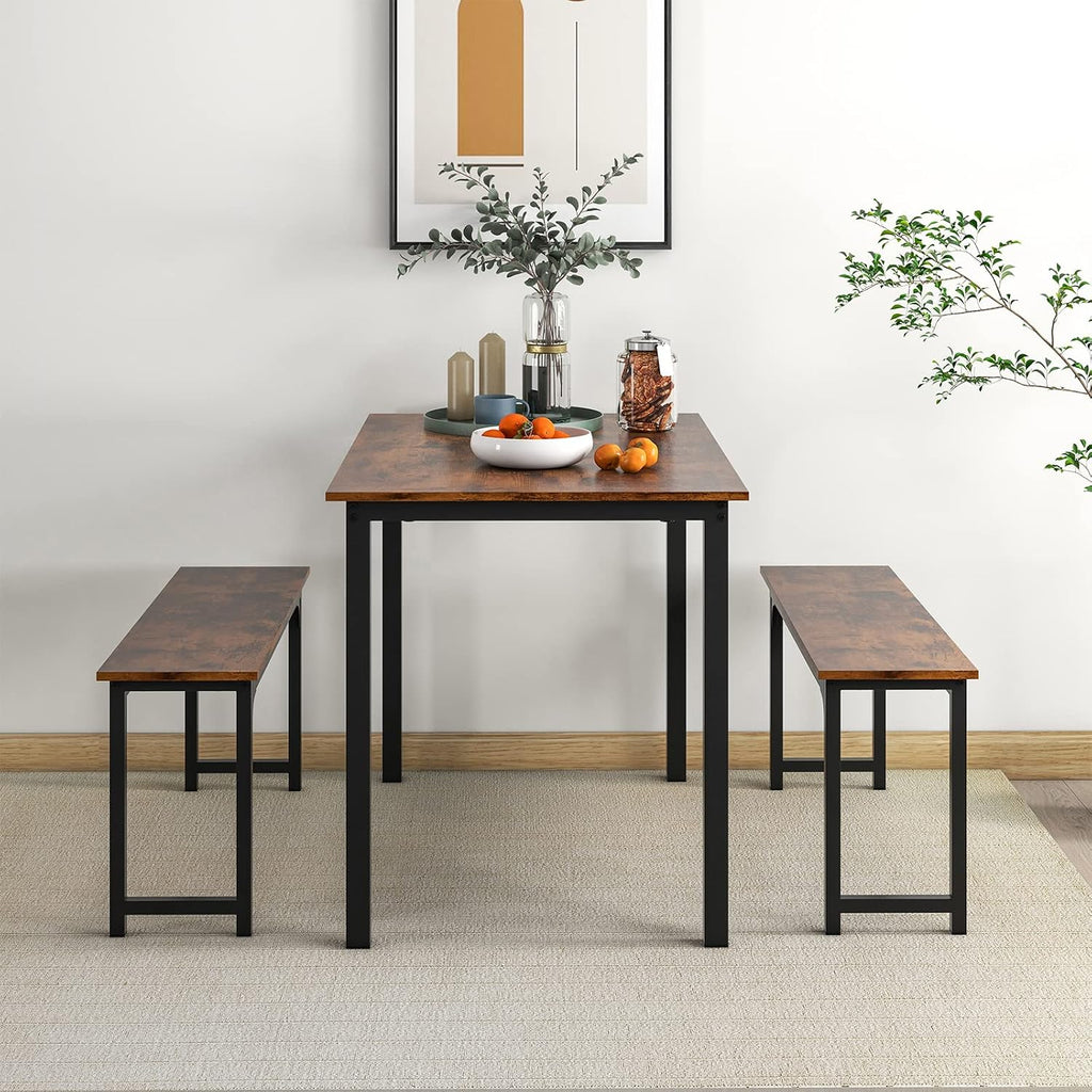 Tangkula 3-Piece Dining Table Set with Bench, Rectangular Kitchen Table with 2 Benches, Metal Frame, Space-Saving Furniture, Modern 4-Person Dinette for Kitchen, Dining Room (Rustic Brown)