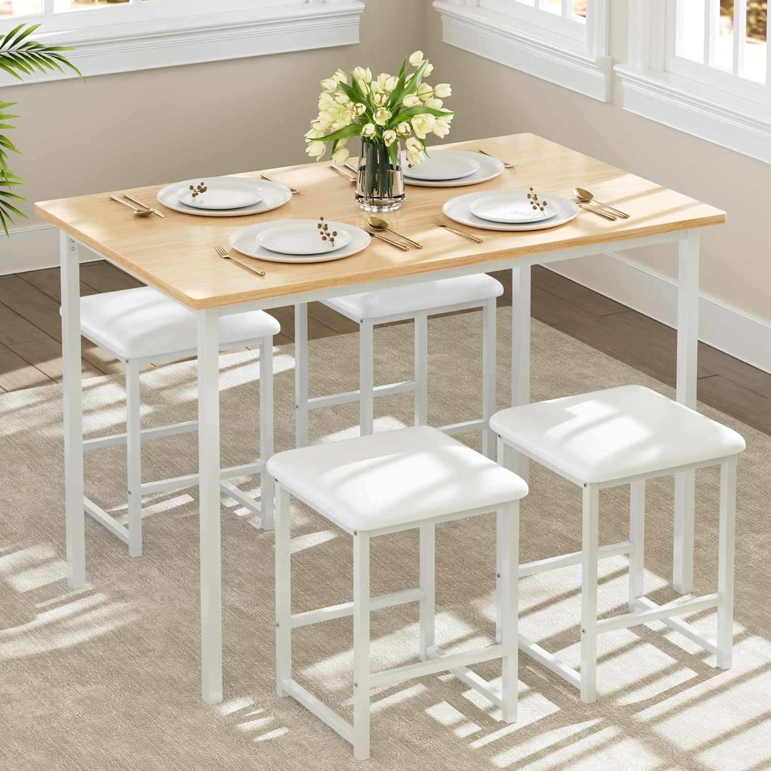 VECELO Kitchen Table and Chairs for 4, Dining Room Set with PU Chairs/Stools, Heavy-Duty Metal Frame, Wooden Tabletop, Space-Saving Design for Small Spaces, Easy Assembly, Oak