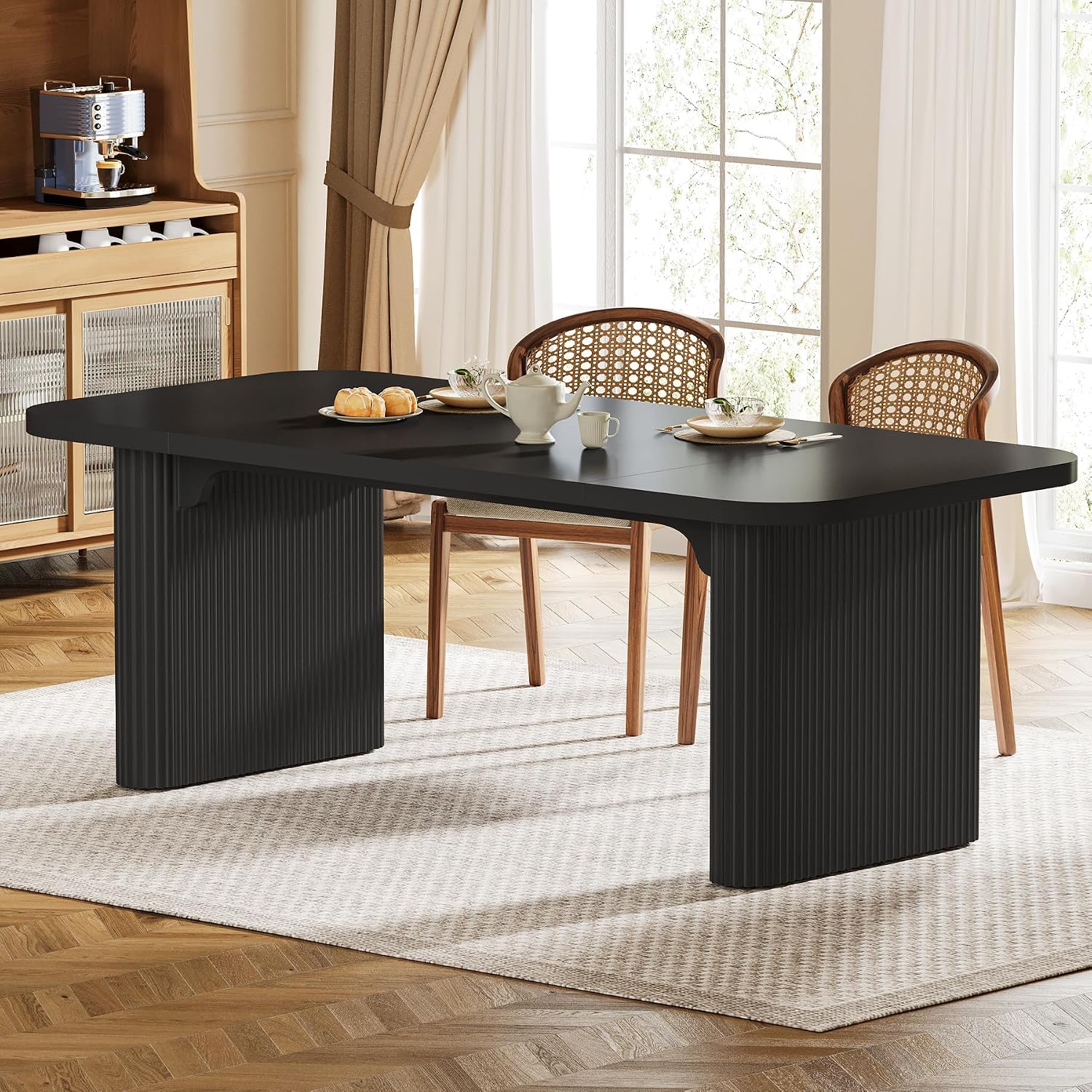 Tribesigns Modern Dining Table for 6 People, 62-Inch Black Kitchen Table with Double Robust Pedestal, Long Rectangle Wood Dinner Table for Dining Room, Coffee Black