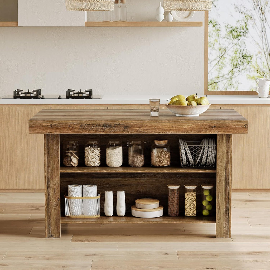 LITTLE TREE 55 Inches Kitchen Island with Storage, 3-Tier Farmhouse Wooden Stationary Island Table with Large Worktop & Leg Room, Modern Coffee Bar Table with Storage Shelf for Kitchen, Rustic Brown