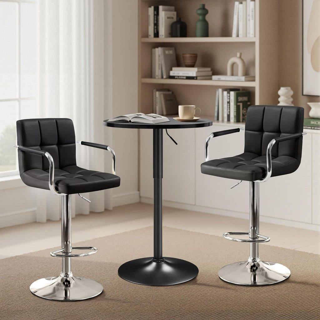 Yaheetech 3-Piece Bar Table Set, Round Bar Table and PU Leather Adjustable Swivel Chairs, Modern Counter Height Table Set with 2 Bar Stools for Kitchen, Full Black