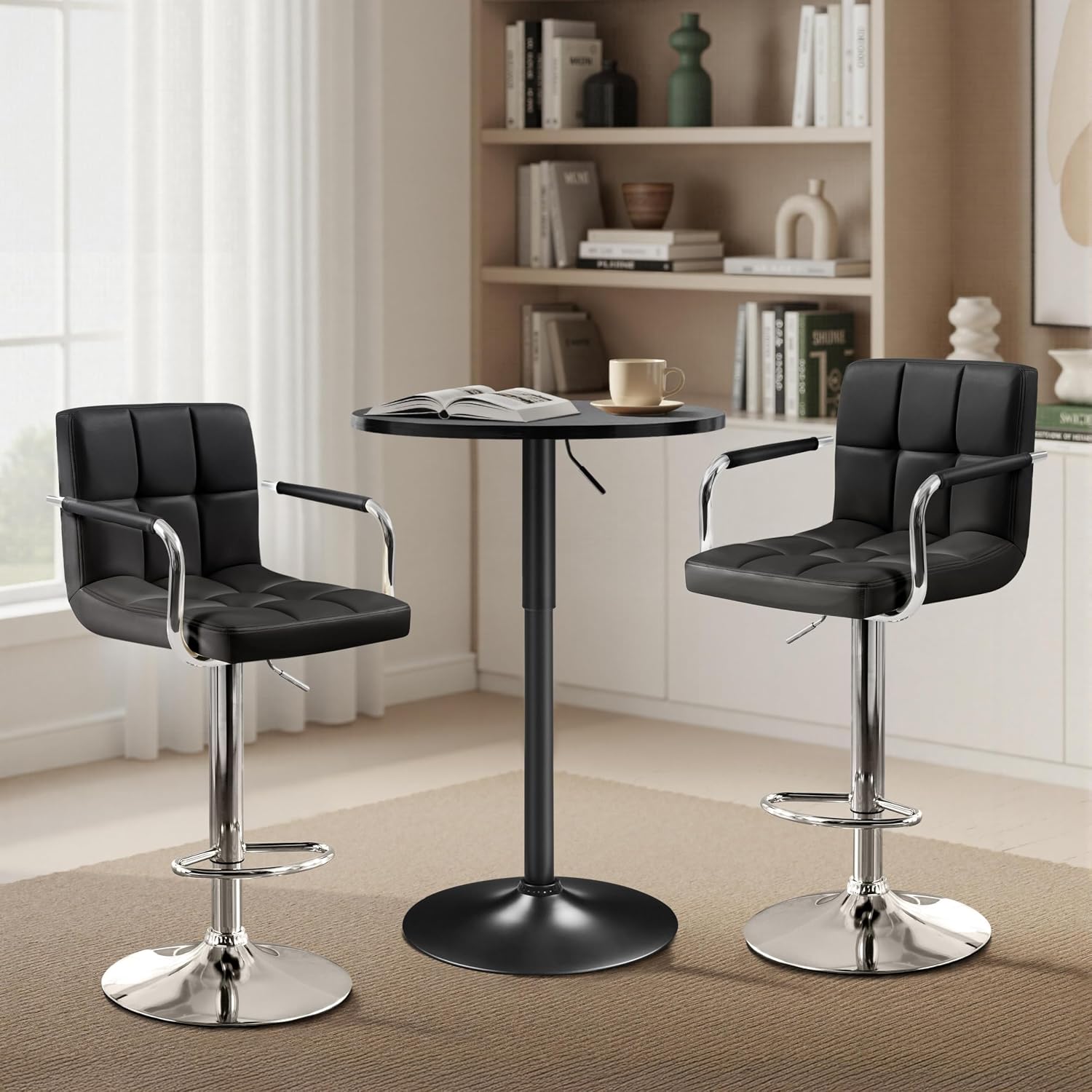 Yaheetech 3-Piece Bar Table Set, Round Bar Table and PU Leather Adjustable Swivel Chairs, Modern Counter Height Table Set with 2 Bar Stools for Kitchen, Full Black