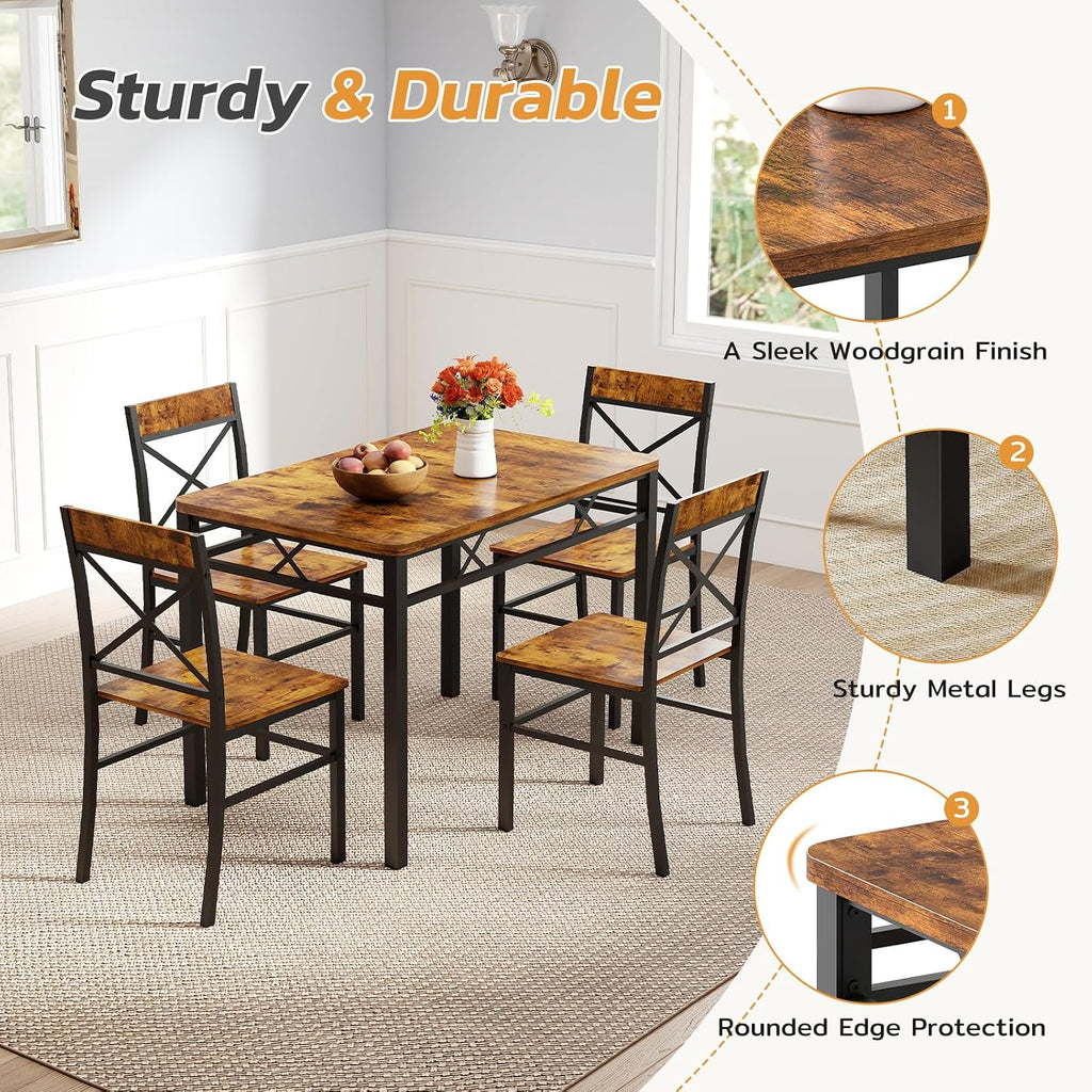 Zevemomo 5-Piece Dining Table Set, Breakfast Nook Table Set, Kitchen Table Chairs Set of 4, Small Dining Table Set for 4 X-Shaped Curved Backrest Chairs, for Small Spaces & Living Room-Rustic Brown