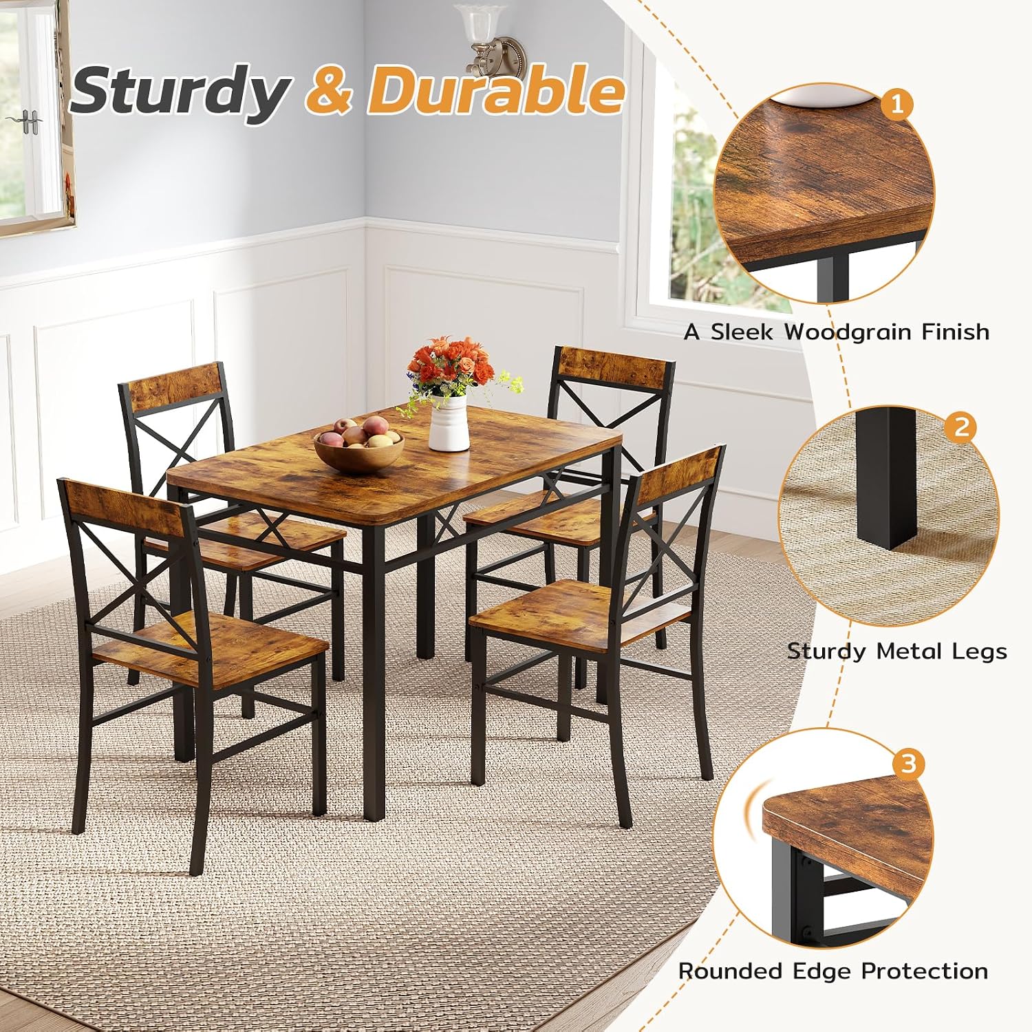 Zevemomo 5-Piece Dining Table Set, Breakfast Nook Table Set, Kitchen Table Chairs Set of 4, Small Dining Table Set for 4 X-Shaped Curved Backrest Chairs, for Small Spaces & Living Room-Rustic Brown