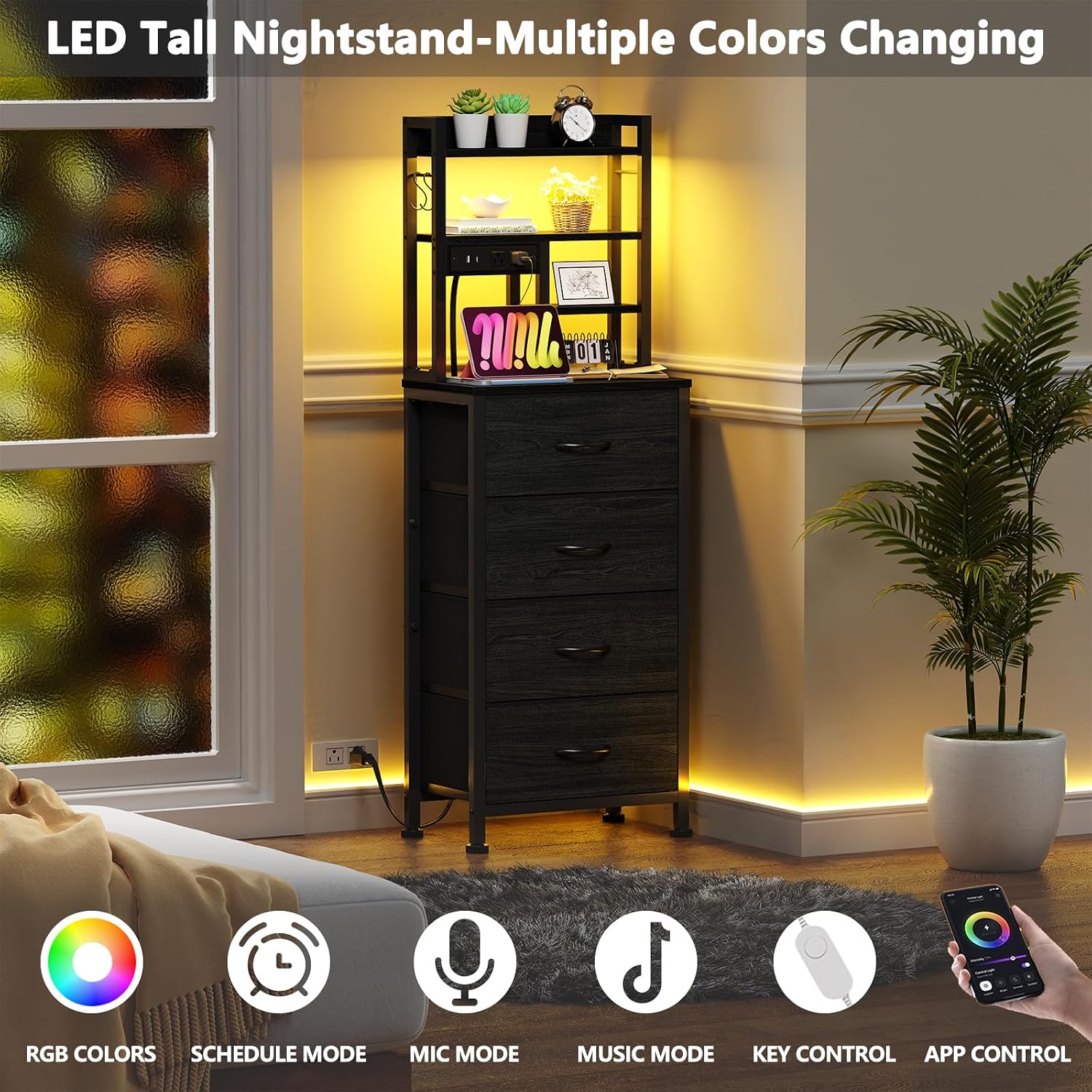 Furnulem Nightstands Set of 2, Tall Night Stand with Charger Station and USB Ports, 4 Fabric Drawers and Led Lights, Bed Side Table for Bedroom/Dorm/Office, Black Oak