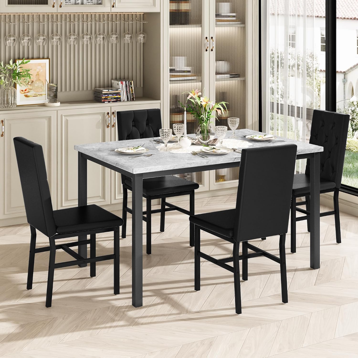 Hooseng Dining Table Set for 4, Faux Marble Small Kitchen Table Chairs Set of 4 with Luxurious Button Tufted Dinner Chairs for Kitchen and Dining (Gray)