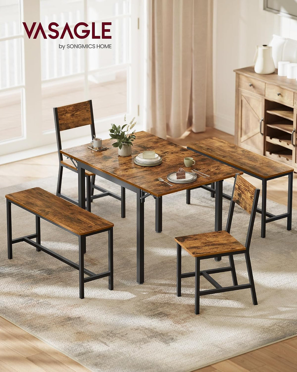 VASAGLE Extendable Dining Table Bundle with 2 Chairs and 2 Benches, Dining Set, for Living Room, Kitchen, Steel Frame, Easy Assembly, Rustic Brown and Ink Black UZH2504043