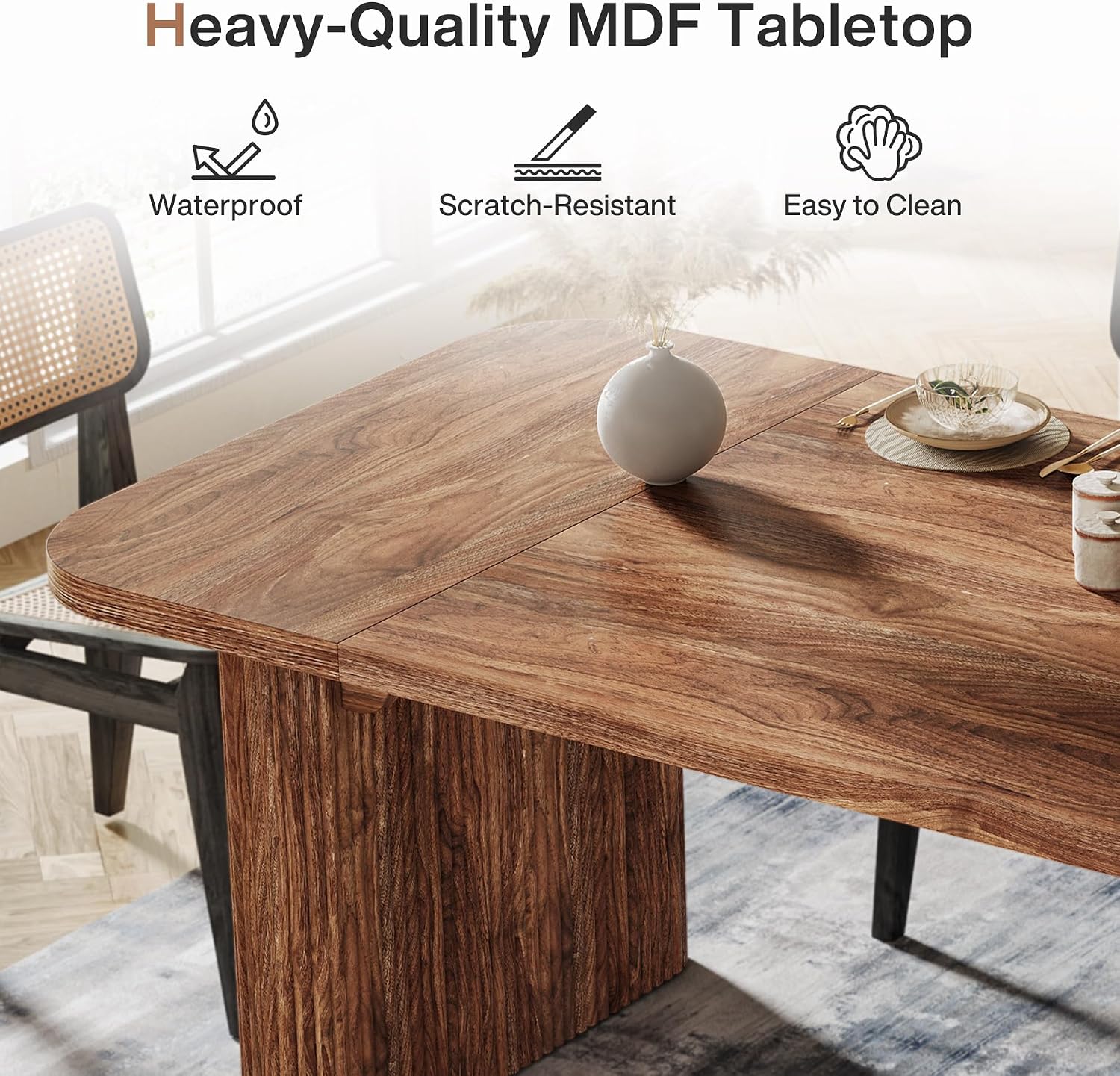 Tribesigns Modern Dining Table for 6 People, 62-Inch Dark Brown Kitchen Table with Double Robust Pedestal, Long Rectangle Wood Dinner Table for Dining Room