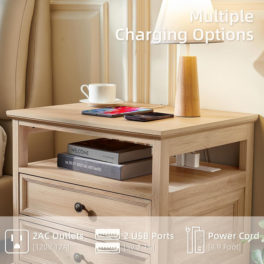 Joaxswe Farmhouse Nightstand Set of 2 with Charging Station, 24' Wide End Table with 2 Drawers,Natural Dresser for Bedroom,Bed Side Table Chest of Drawers Cabinet, Night Stand for Living Room