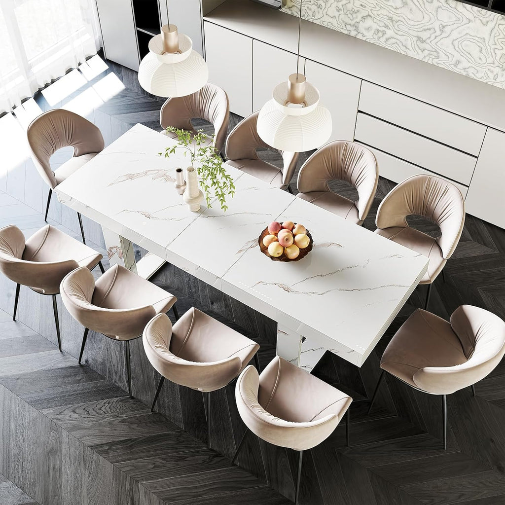 STHOUYN White Marble Extendable Dining Room Table for 8 10, 70.9' (86.6') x 31.5', Rectangle Dinner Table for 6-10, Modern Expandable Retractable Kitchen Table (White)