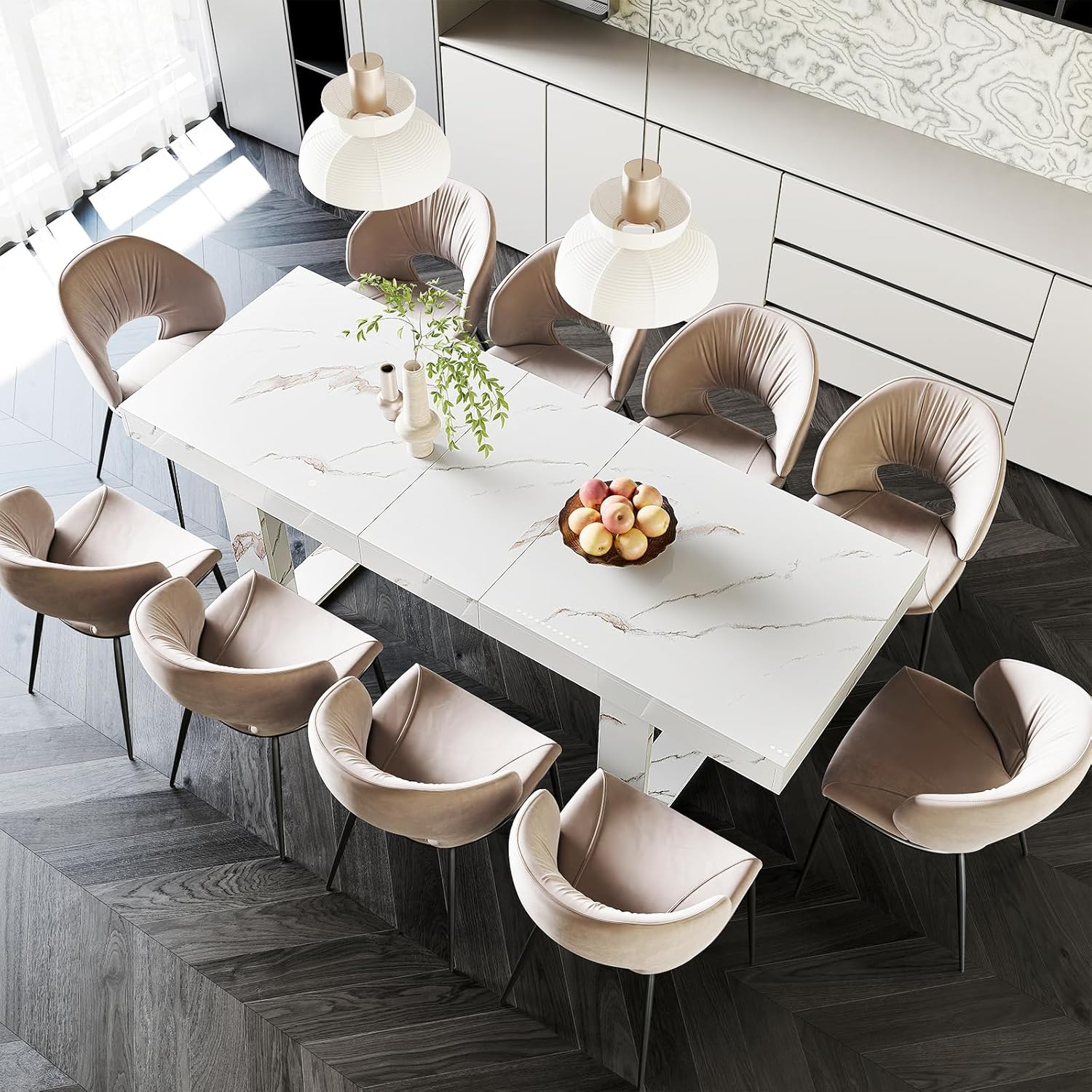 STHOUYN White Marble Extendable Dining Room Table for 8 10, 70.9' (86.6') x 31.5', Rectangle Dinner Table for 6-10, Modern Expandable Retractable Kitchen Table (White)