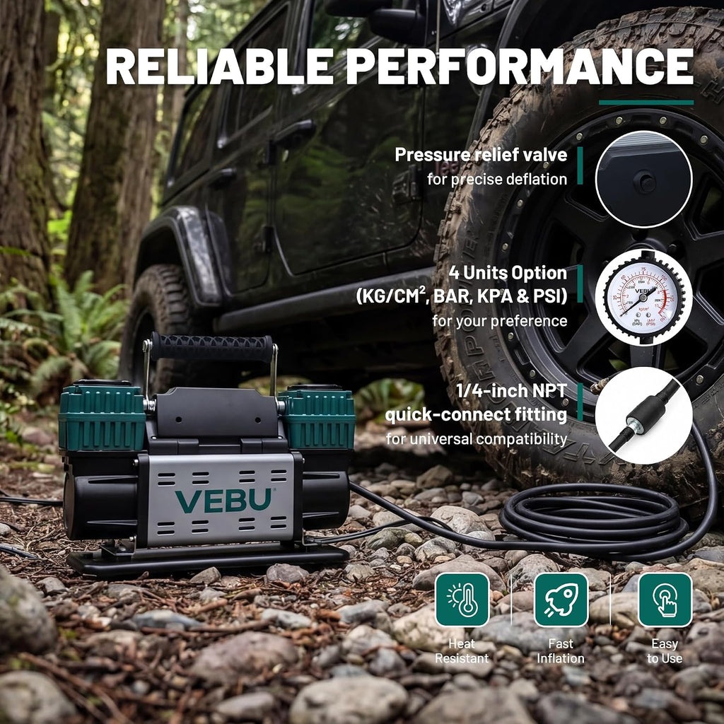 Heavy Duty Air Compressor 12V Tire Inflator, Dual Cylinder 125PSI with In-line Pressure Gauge, 10.6CFM Fast Inflation for Off-road Vehicles, Trucks, SUVs, RVs, ATVs, DC Power, Corded Electric