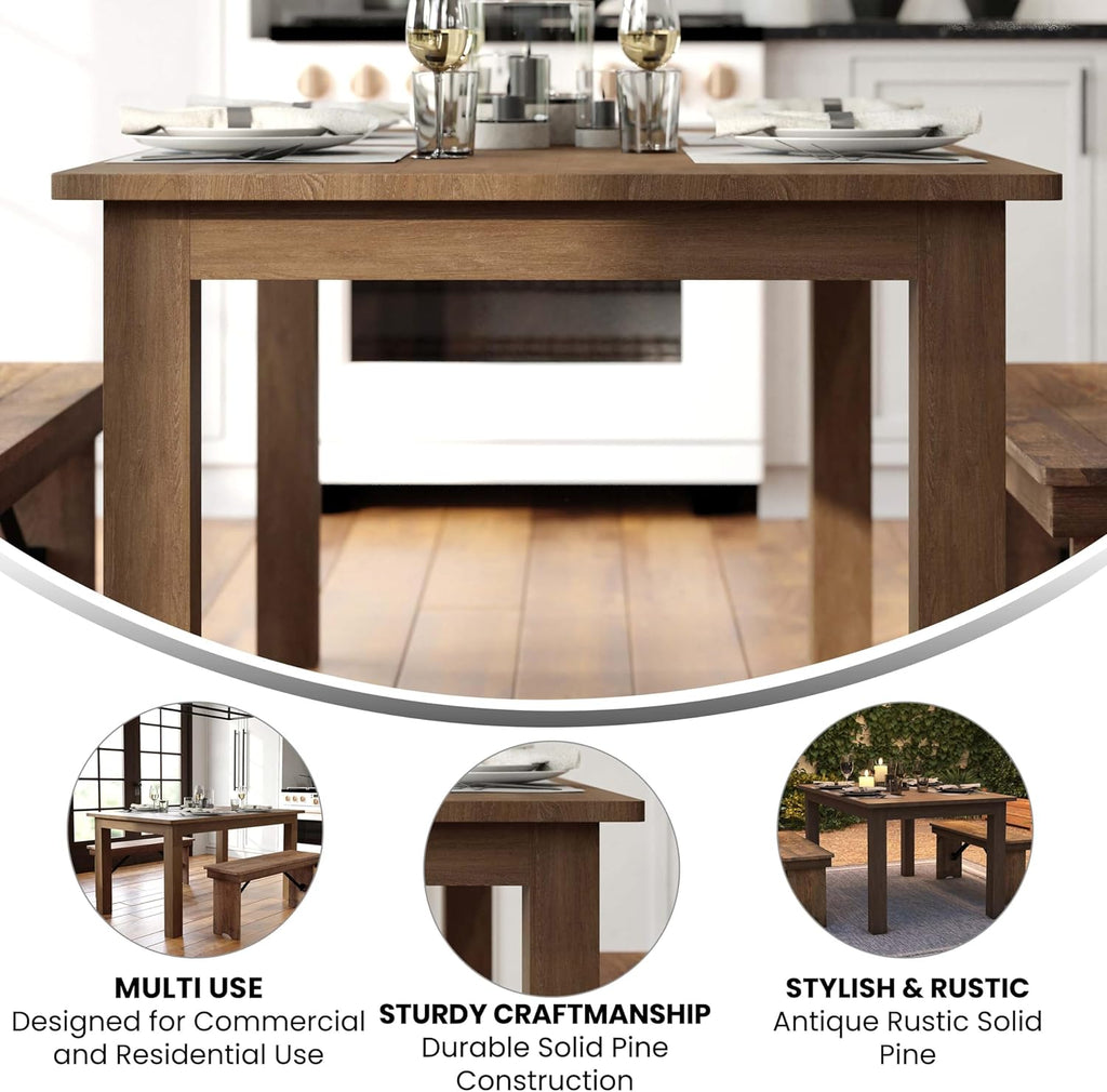 Merrick Lane Jessamine 60' x 38' Rectangular Rustic Solid Pine Farm Dining Table, Antique Farmhouse Wooden Dining Table for Kitchens and Parties, Antique Rustic