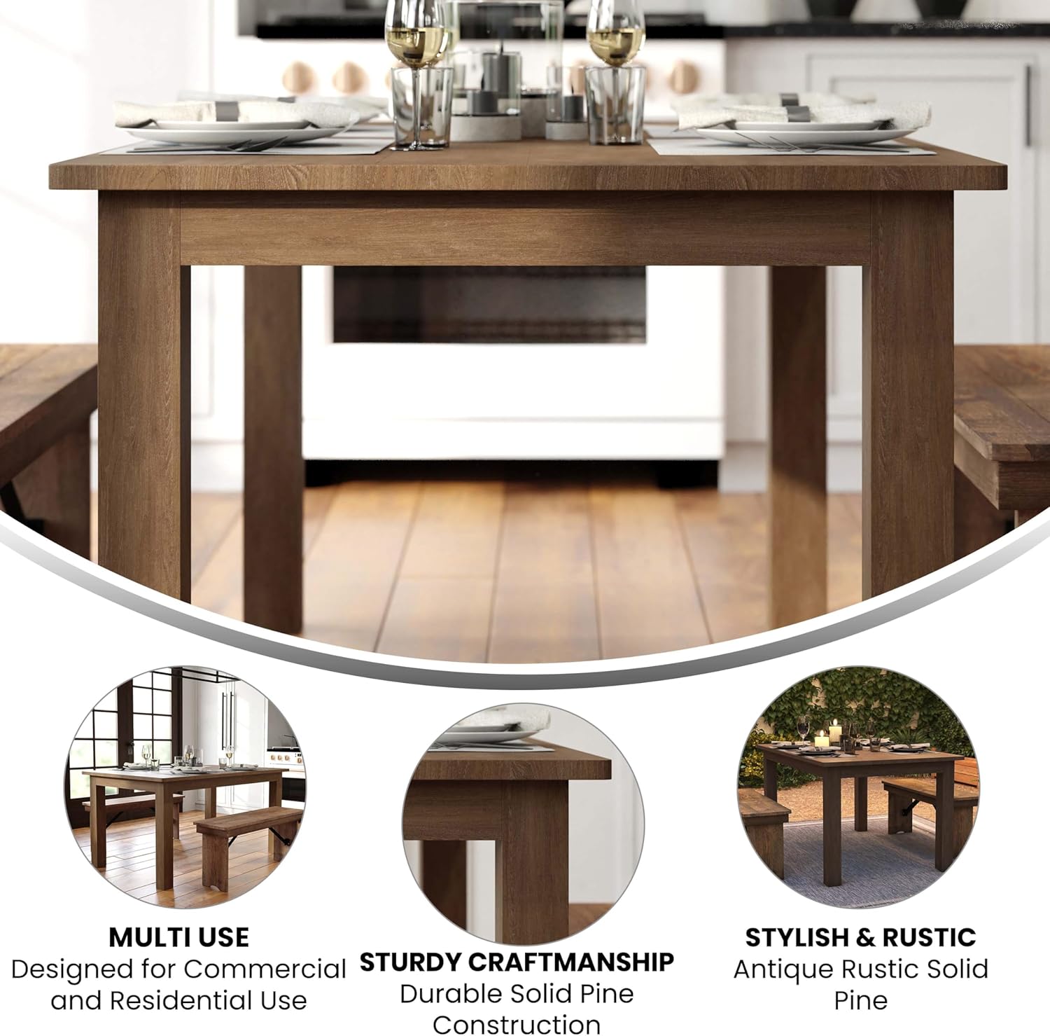Merrick Lane Jessamine 60' x 38' Rectangular Rustic Solid Pine Farm Dining Table, Antique Farmhouse Wooden Dining Table for Kitchens and Parties, Antique Rustic