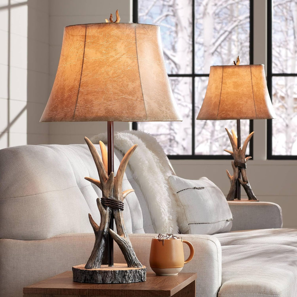 John Timberland Boone Rustic Western Cottage Core Table Lamps 27.5' Tall Set of 2 with USB Charging Port Natural Antler Bell Shade Decor for Living Room Bedroom House Bedside Nightstand Home Office